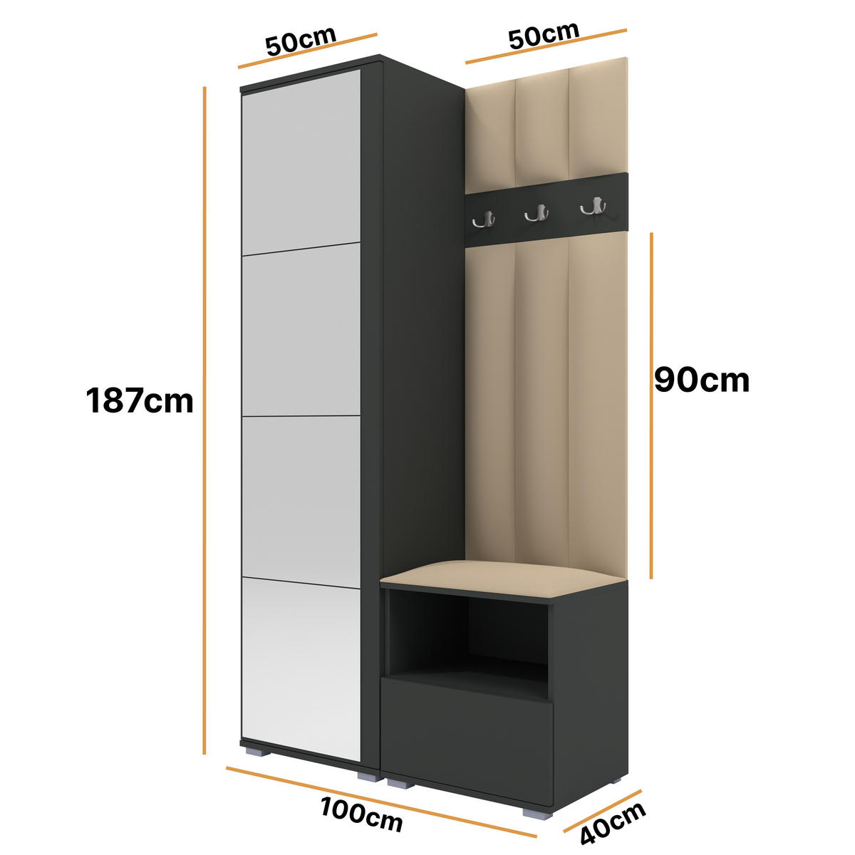 GEPOLSTERT Garderoben-Set Nela I LUX (Spiegel – Farbe Graphit + Stoff Trinity 04) - Beige/Silberfarben, Holz/Holzwerkstoff (100/187/40cm) - Ravio
