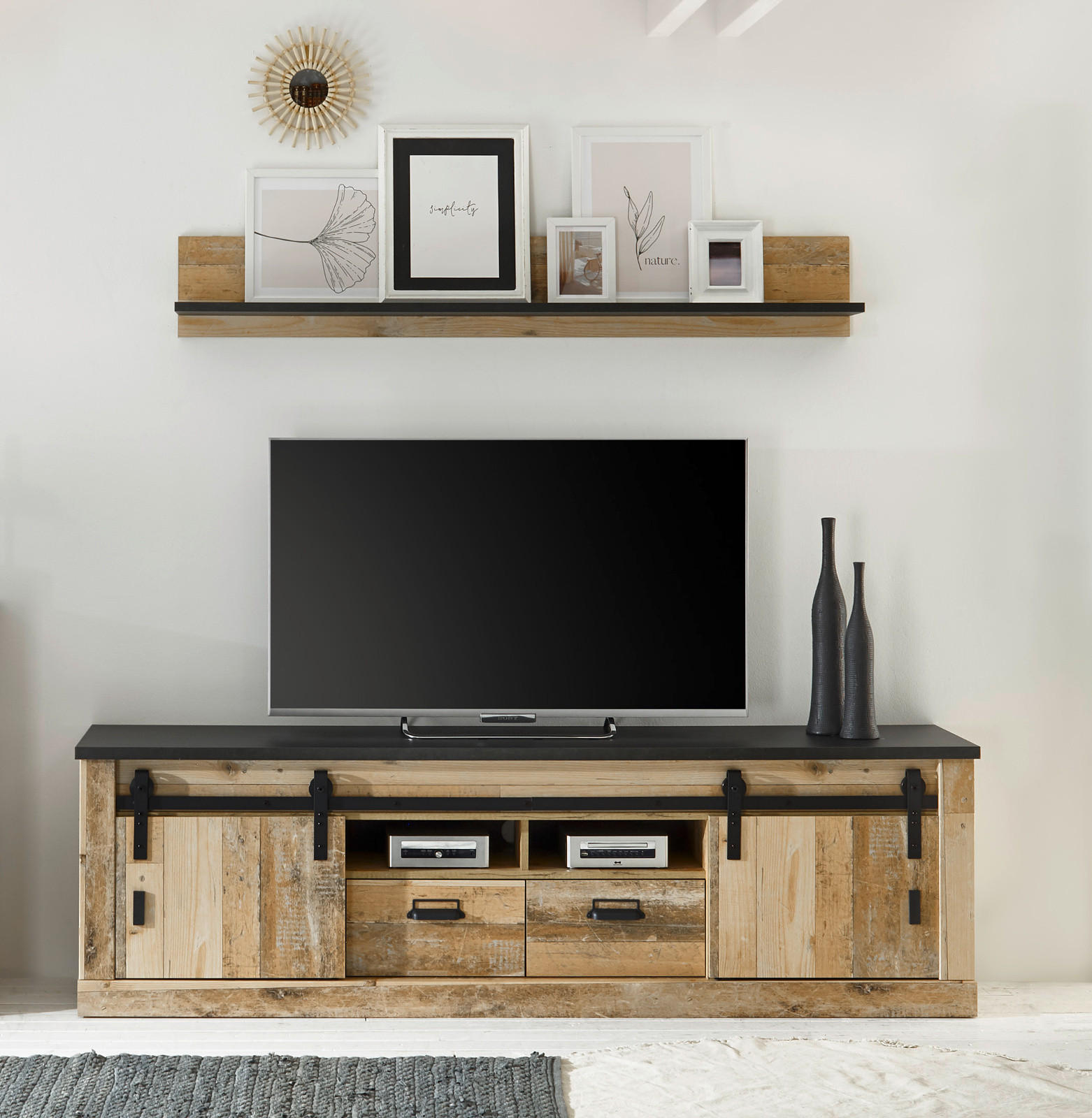 WOHNWAND Used Wood hell, anthrazit, Wohnkombination 3-teilig 314 x 201 cm - Eichefarben/Anthrazit, Holzwerkstoff/Metall (314/201/43cm) - Furn.Design