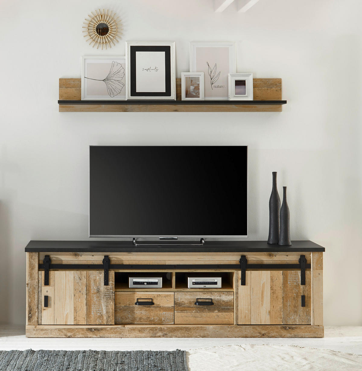 WOHNWAND Used Wood hell, anthrazit, Wohnkombination 3-teilig 314 x 201 cm - Eichefarben/Anthrazit, Holzwerkstoff/Metall (314/201/43cm) - Furn.Design