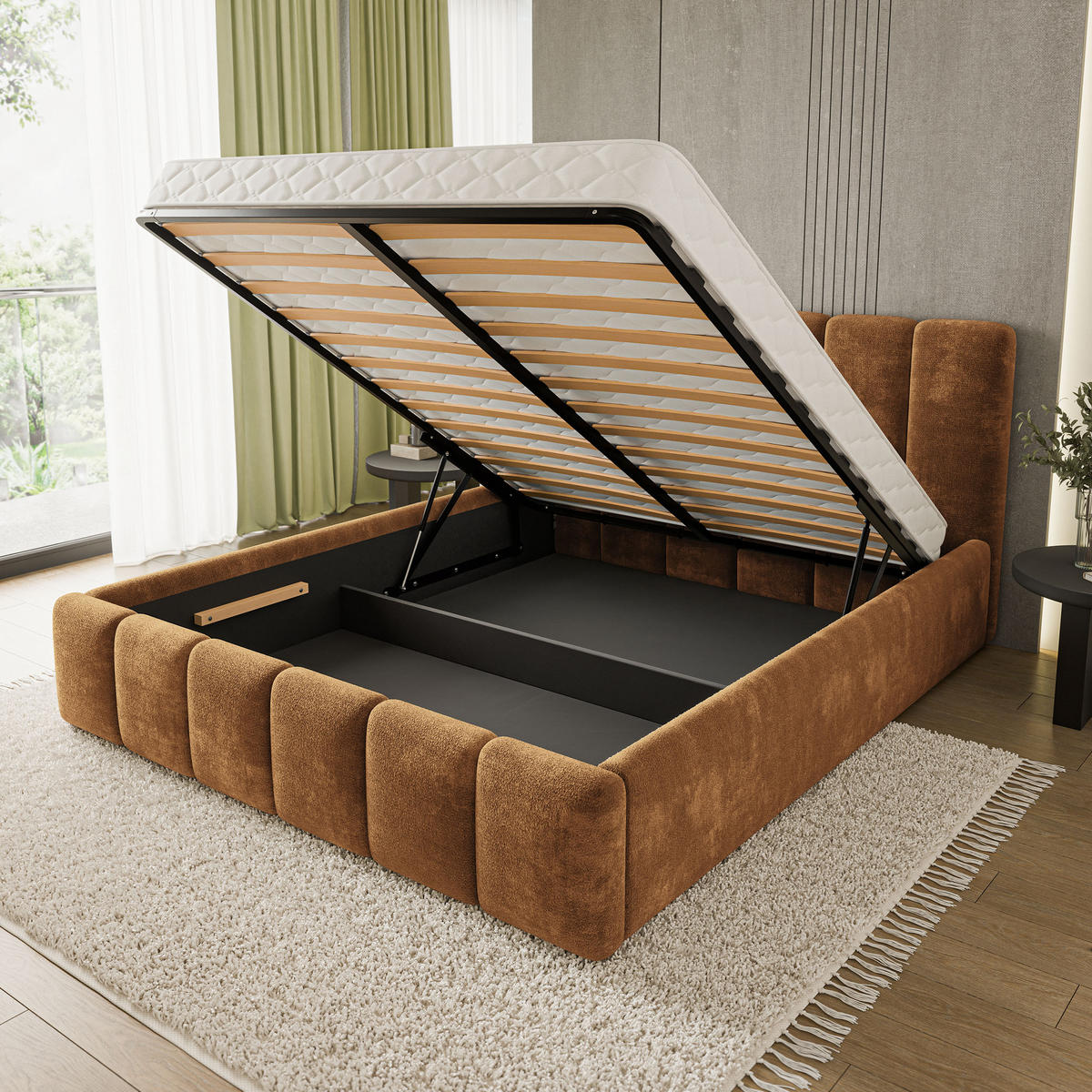 POLSTERBETT ATTORA LM 160x200 cm mit Bettkästen - Hellbraun - Hellbraun, Holz (160/200cm) - MASSENO