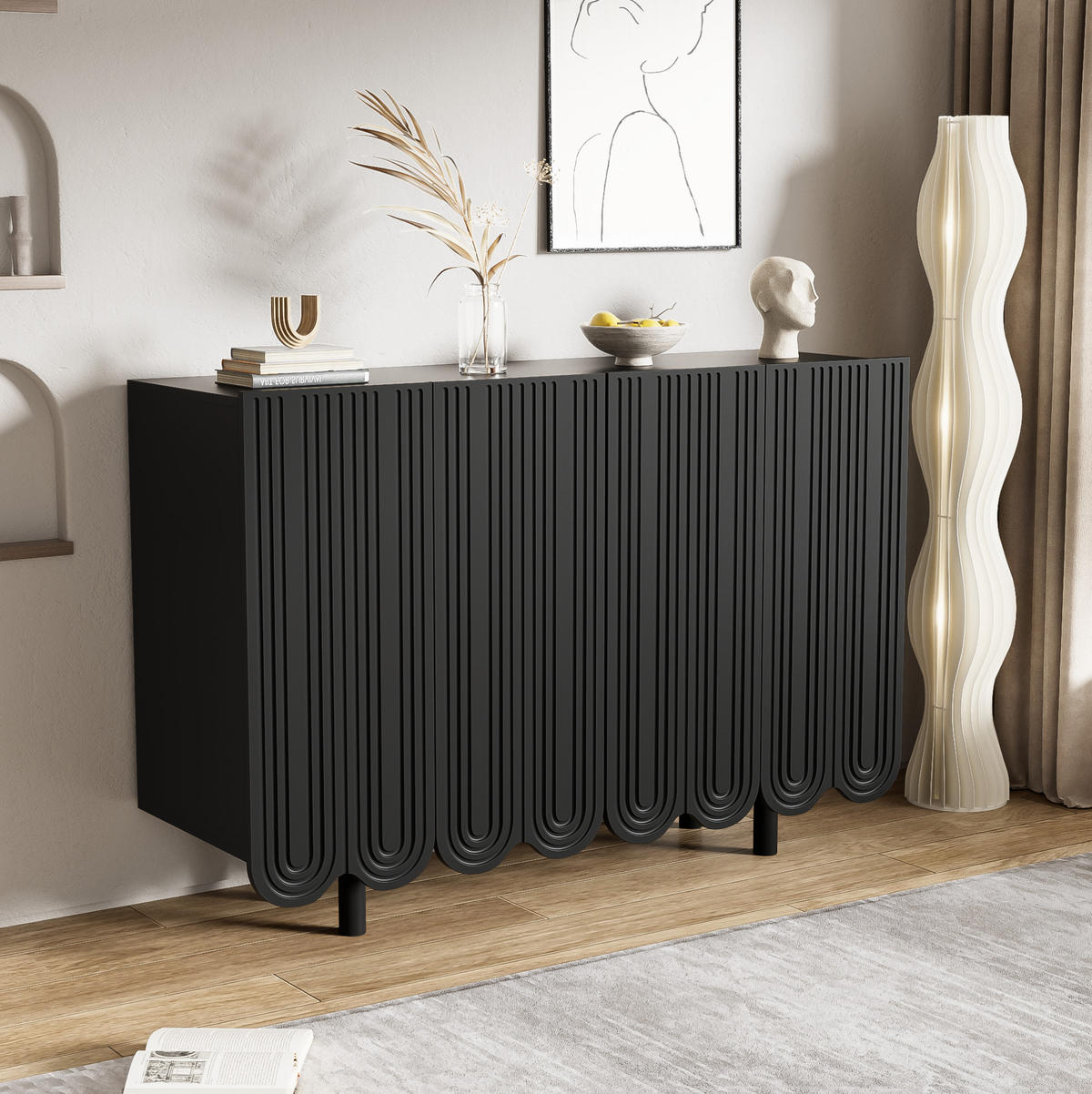 KOMMODE aus MDF 120x37,5x80,8cm in Schwarz mit 4 Türen - Schwarz, Holzwerkstoff (120/80.8/37.5cm) - Modfu