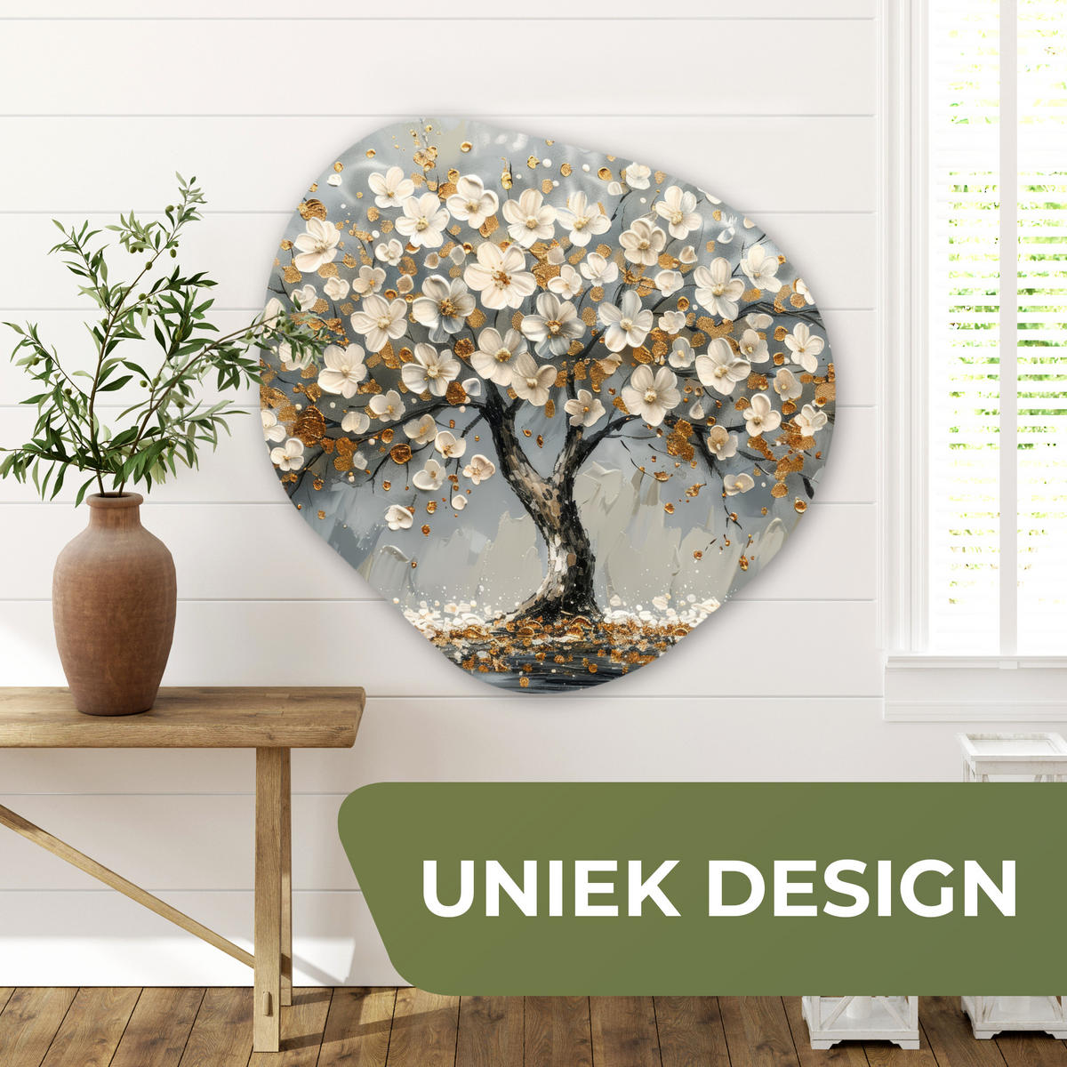 WANDBILD Baum - Gold - Blumen - Abstrakt - Kunst Room Decor 90x90 cm - Goldfarben, Kunststoff (90/90cm) - MuchoWow