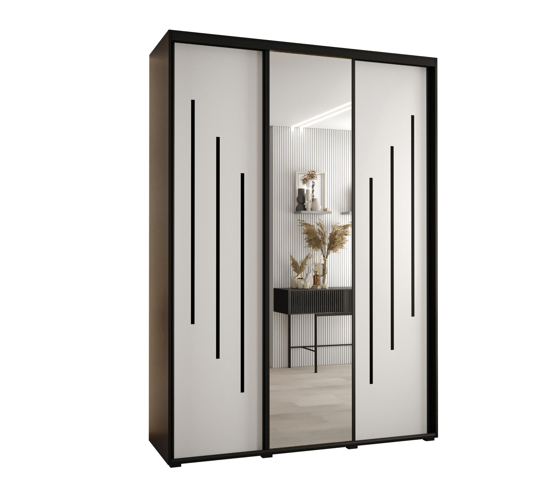 Abiks Möbel SCHWEBETÜRENSCHRANK Schwarz, Weiß, Schwarz 170cm × 60cm × 235cm