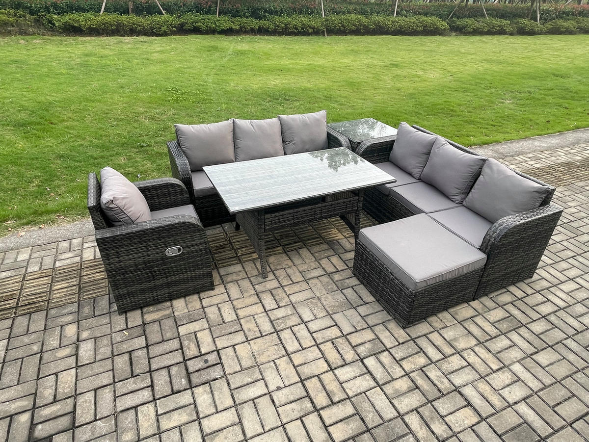 GARTENTISCHGRUPPE mit Große Fußhocker,Beistelltisch Polyrattan Dunkelgrau 8-Sitzer - Dunkelgrau/Grau, Glas/Kunststoff - Fimous