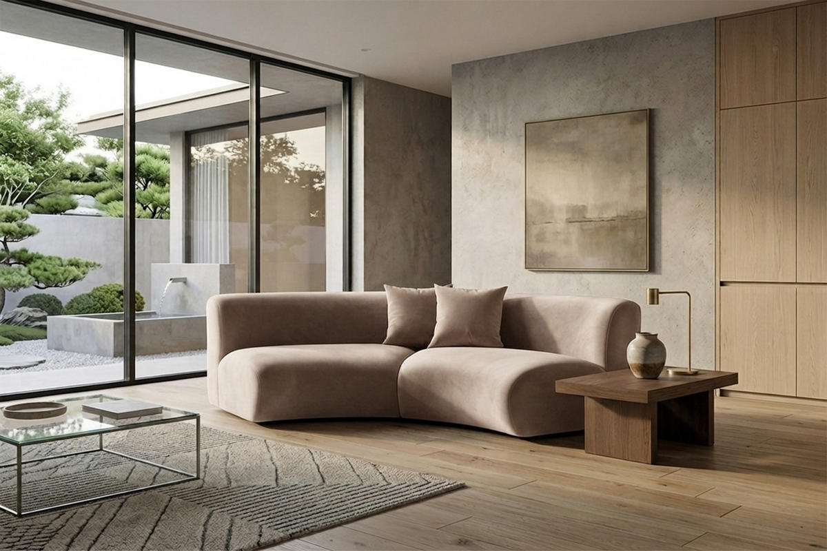 SOFA Round, Velvet-Stoff Bluvel, Latte, GRETA - Hellbraun, Holz (294/70/89cm) - Kaiser Möbel