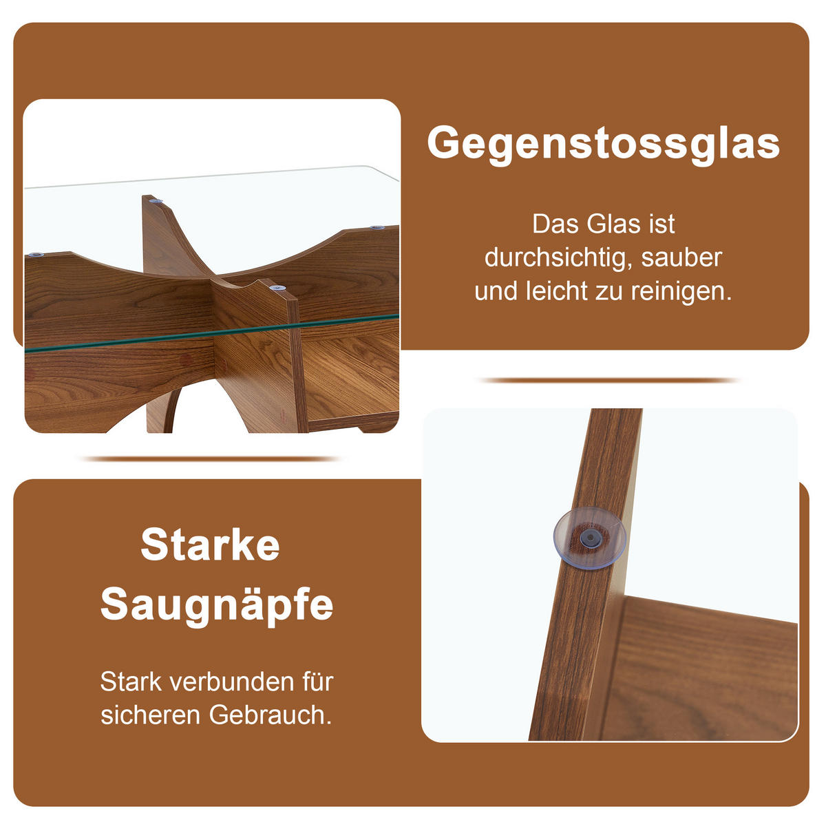 COUCHTISCH 80/80/40 cm Transparent Nussbaum MDF mit Sicherheitsglas und Ablagefach - Walnussfarben, Holzwerkstoff (80/80/40cm) - OKWISH