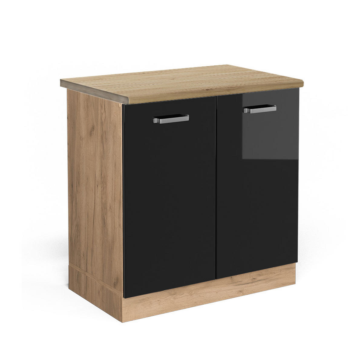 SPÜLENUNTERSCHRANK R-Line Schwarz Hochglanz 80 cm, AP Eiche - Schwarz Hochglanz/Eiche Wotan, Holzwerkstoff (80/81.6/60cm) - Vicco