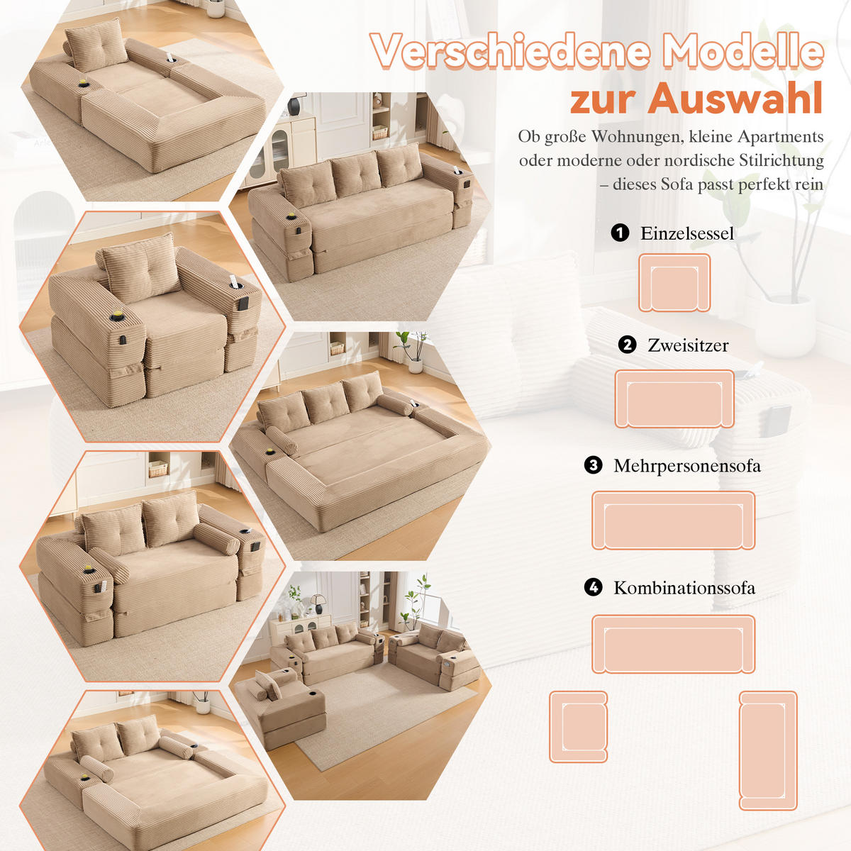 SCHLAFSOFA mit Klappfunktion, Seitentasche und Getränkehalter aus Cord - Taupe, Textil (122/80/98cm) - EVRYAE
