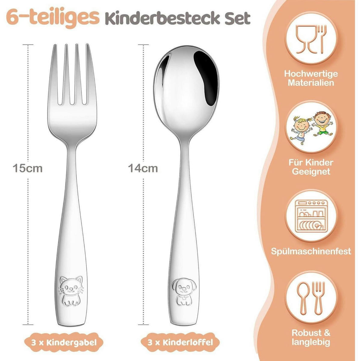 KINDERBESTECK Set Edelstahl 6-teilig mit Tiermotiv - Silberfarben, Metall