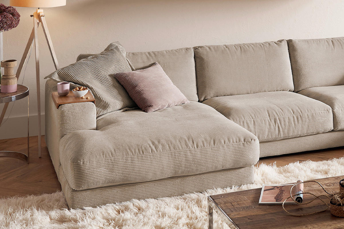 WOHNLANDSCHAFT MADELINE Taupe Cord - Taupe/Schwarz, Kunststoff/Textil (425/86/224cm) - KAWOLA