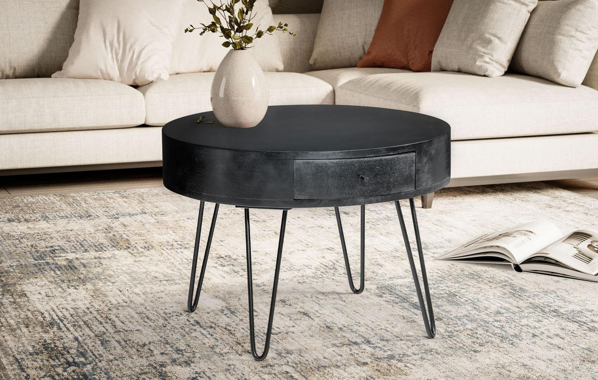 COUCHTISCH Rund Mango Massivholz Metall, 60x60x43 cm, mit Schublade, Stauraum und Haarnadelbeinen - Schwarz, Holz/Metall (60/60/43cm) - KADIMA DESIGN