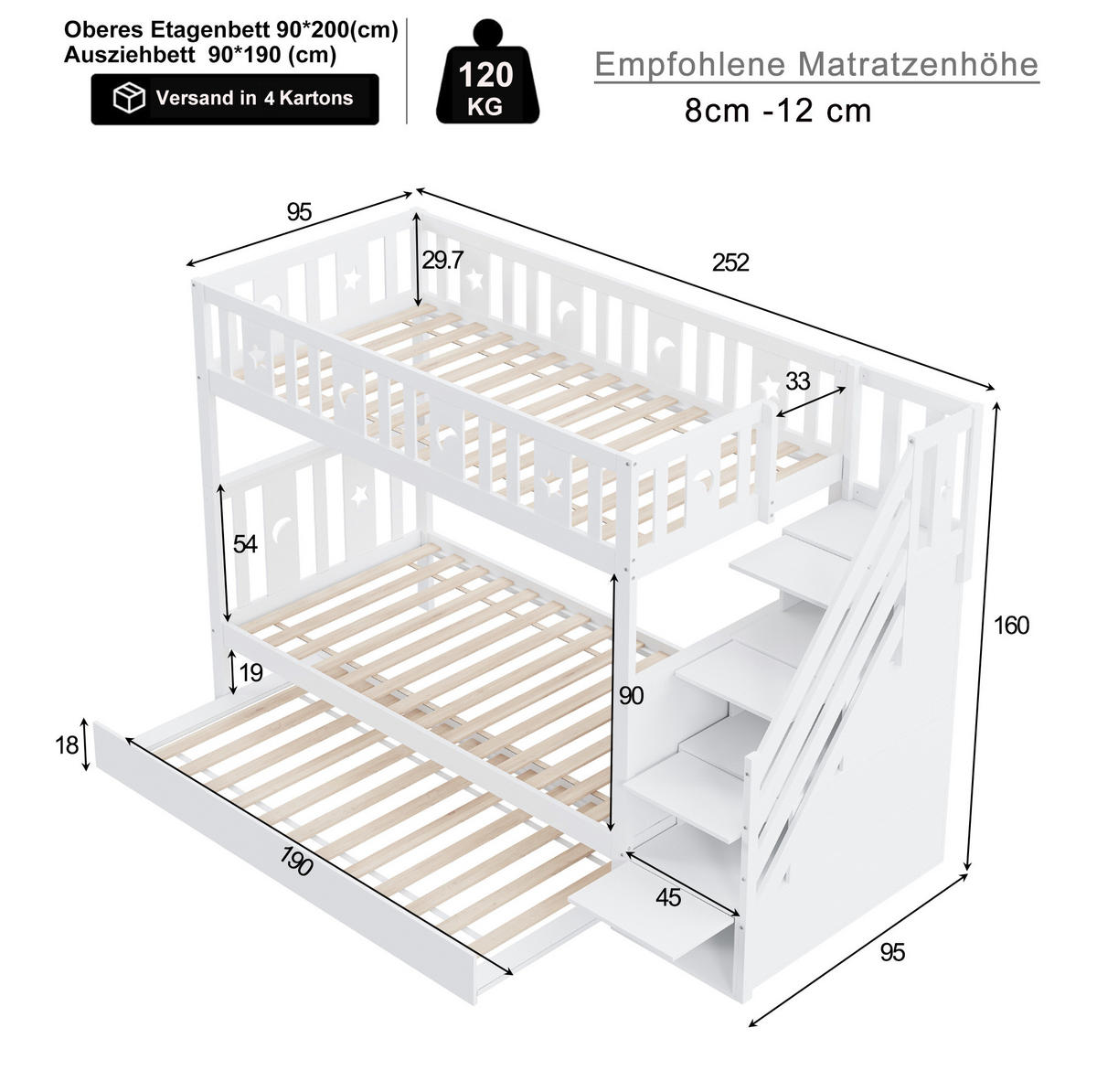ETAGENBETT 90/200 cm Weiß mit Ausziehbett und Stauraumtreppe - Weiß, Holzwerkstoff (90/200cm) - Flora Grace