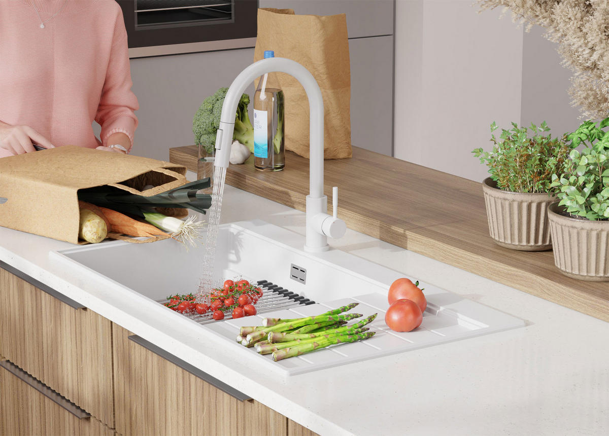 GRANITSPÜLE Sydney, 2-er set Weiß 90/50 cm 1 Becken + Küchenarmatur 32/20 cm + Ablauf-Set + Küchenzubehörset ab 60er Unterschrank - Chromfarben/Beige, Kunststoff (90/20/50cm) - Primagran