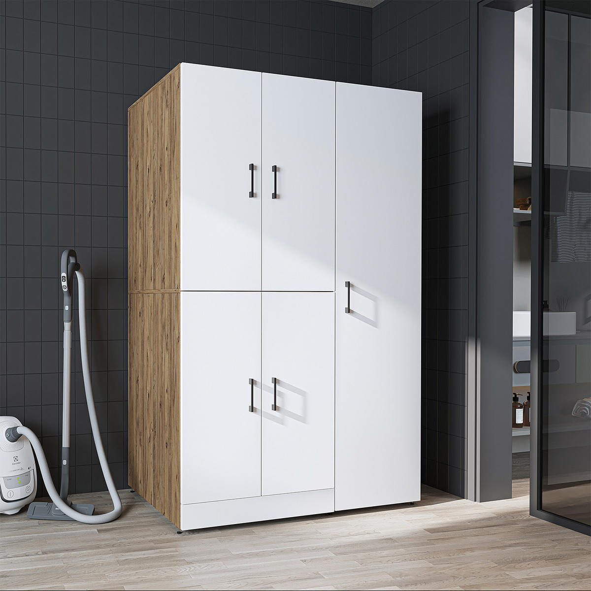 WASCHMASCHINENSCHRANK DORA-II 115cm Breit, 186cm Hoch - Eiche Bianco, Holzwerkstoff (115/186/73.8cm)