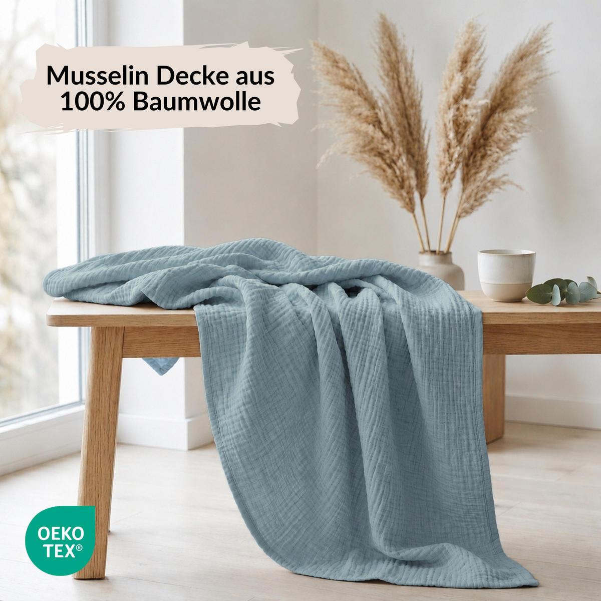 WOHNDECKE Musselin 150 x 200 cm, Leichte Kuscheldecke aus 100% Baumwolle - Nutzbar als Tagesdecke, Plaid oder Decke für Sofa, Couch & Bett - Blau - Blau, Textil (150/200cm) - Carpe Sonno