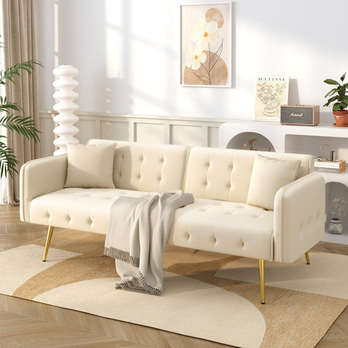 SOFA Zweisitzer Sofabett Velours Verstellbare Lehne Großzügig Schlaffunktion - Beige, Holz (89.92/18.03/80.52cm) - FLIEKS
