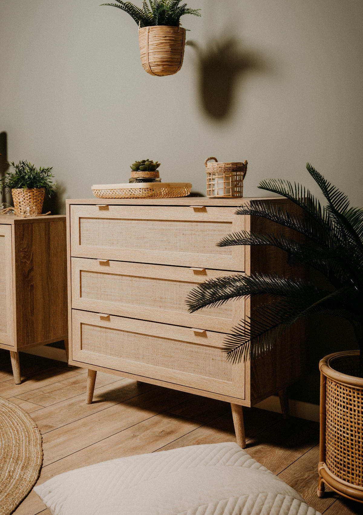 SCHUBLADENKOMMODE Eiche Sonoma, Bast-Dekor 80 cm, Kommode skandinavisch - Eichefarben, Holz/Holzwerkstoff (80/80/40cm) - Furn.Design