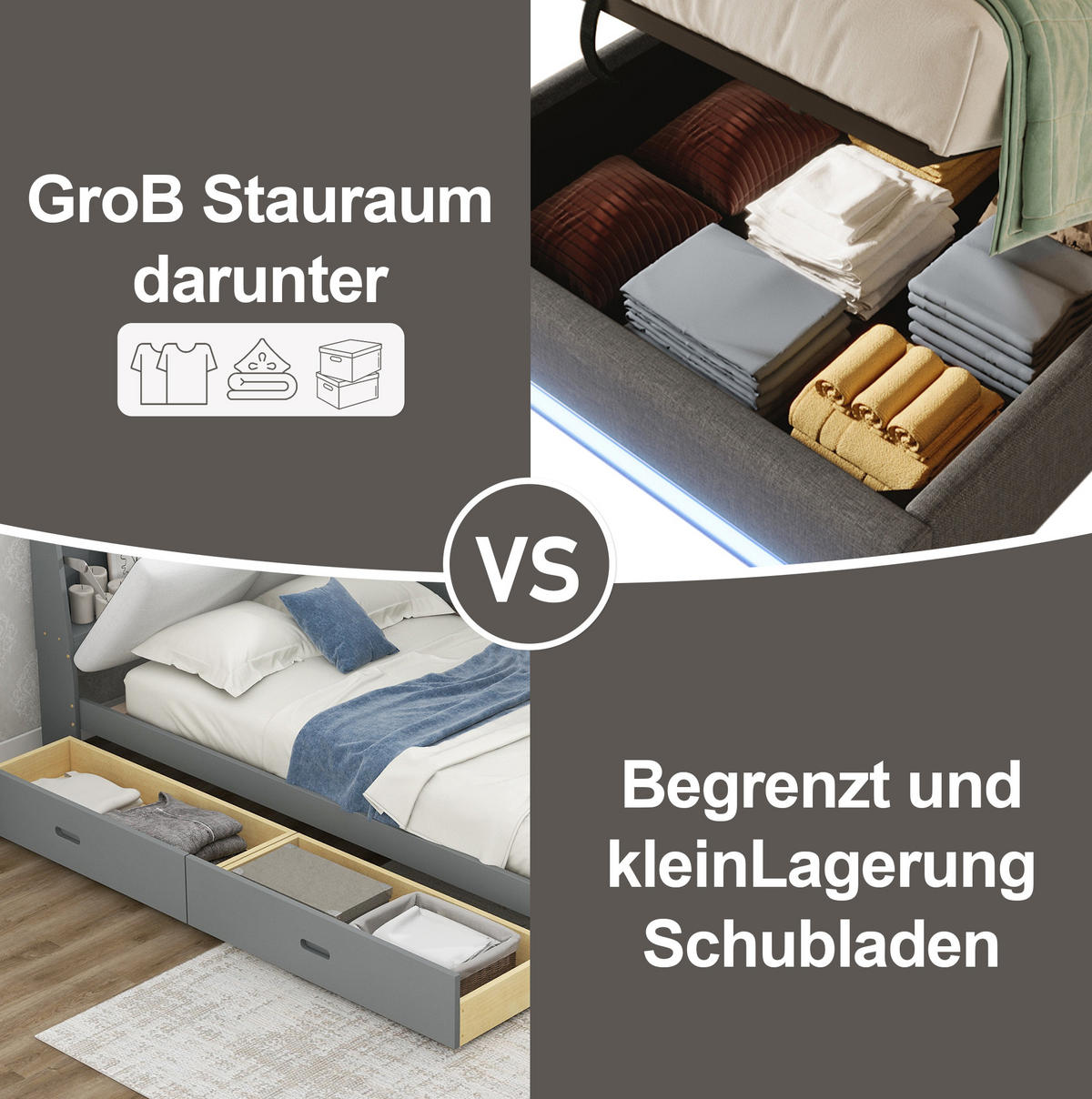 POLSTERBETT 90/200 cm Grau aus Leinen mit LED-Leiste - Grau, Textil (90/200cm) - OKMYHOME