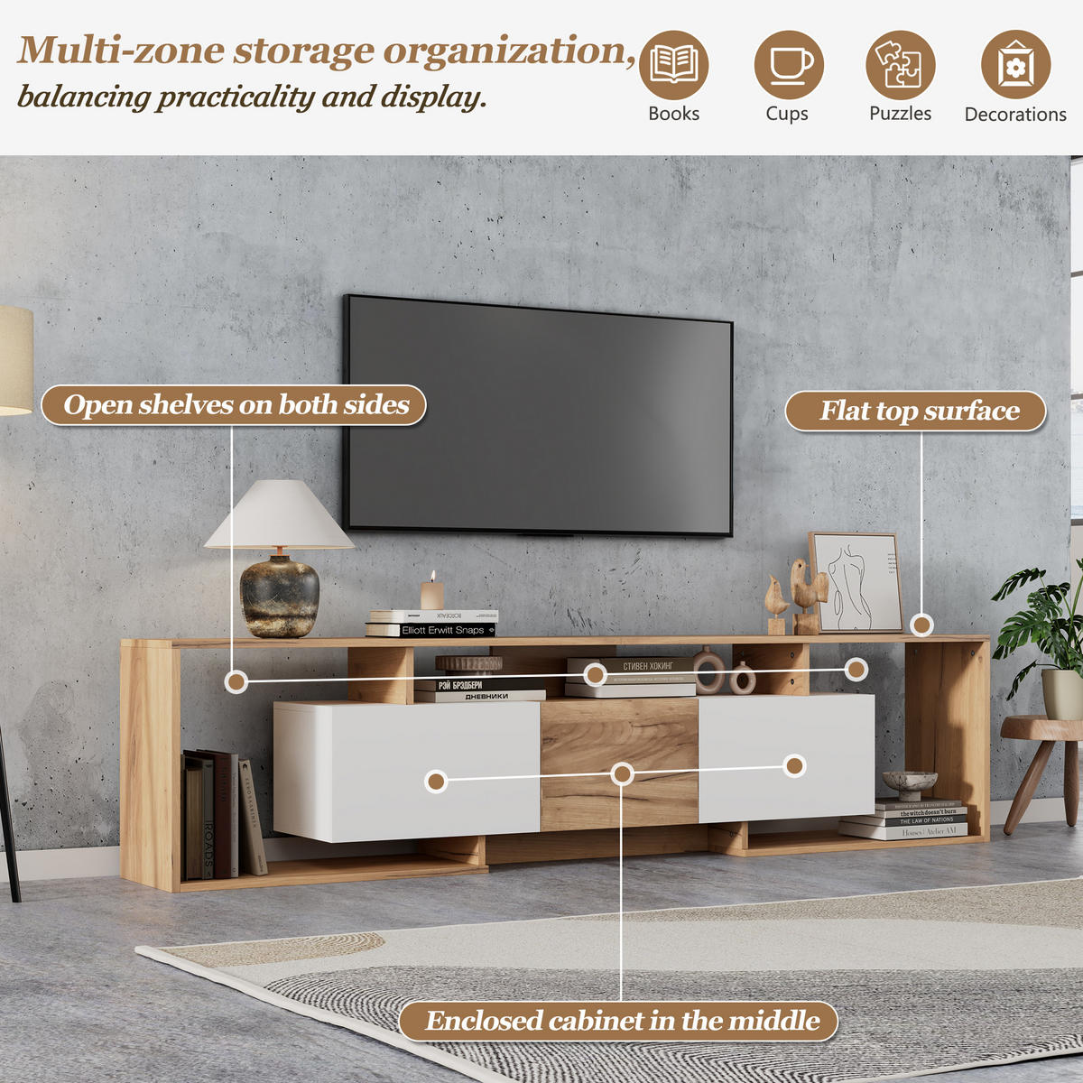TV-ELEMENTLOWBOARD 180x30x49cm WeißNaturholz für 85ZollTV PushtoOpen - Naturfarben, Holz (39.5/16/99.01cm) - Raelunyi
