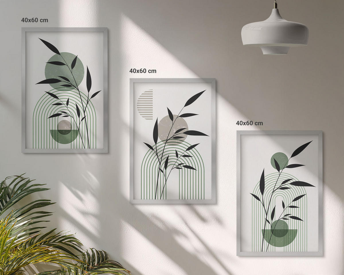 BILDER SET 3er Set - 40x60 cm Silberner Rahmen - Boho-Pflanzenkompositionen - Silberfarben, Kunststoff (40/60cm) - TULUP