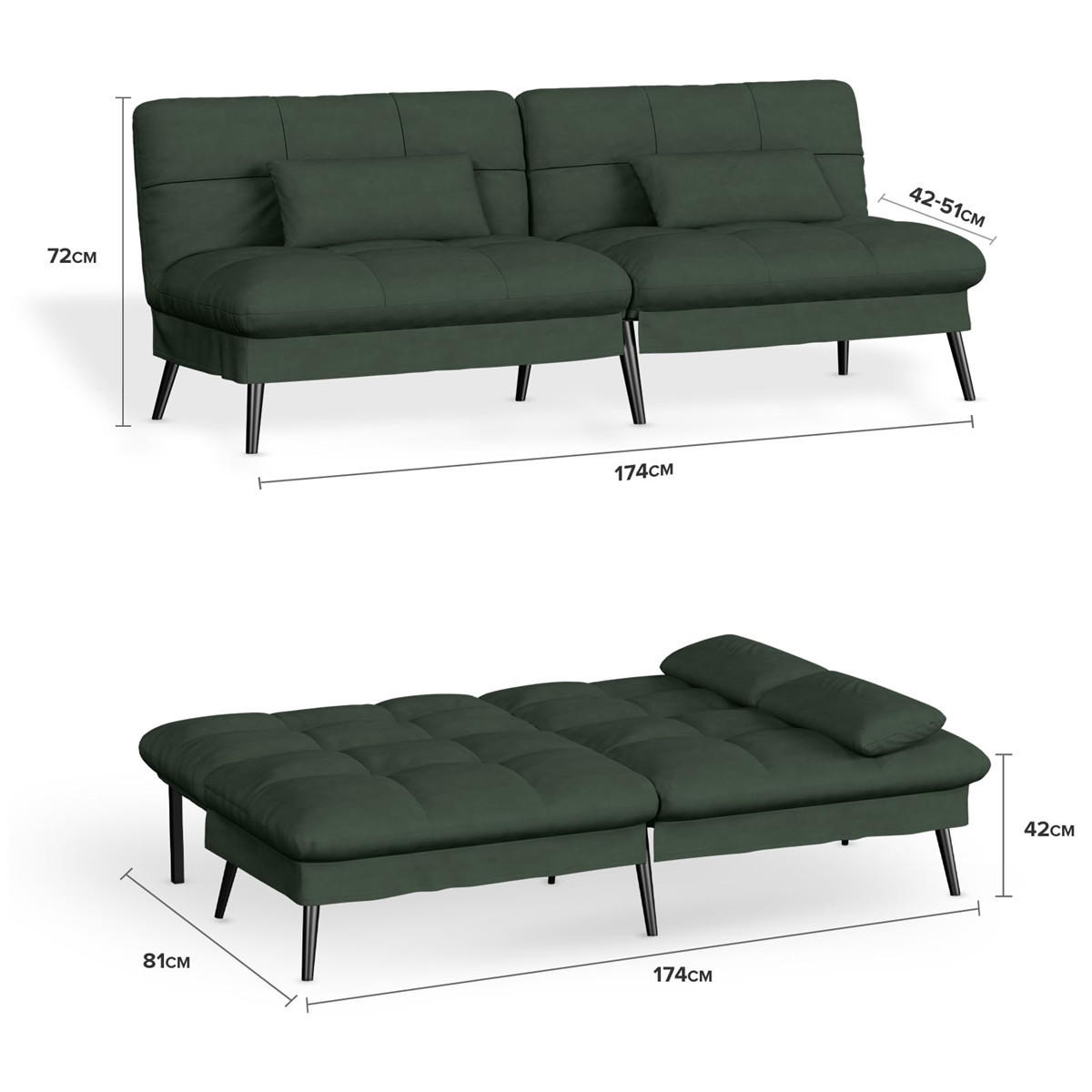 SCHLAFSOFA 3-Sitzer Sofa-Bett mit Stoffpolsterung, Grün - Grün, Textil (174/42/102cm) - Kaket