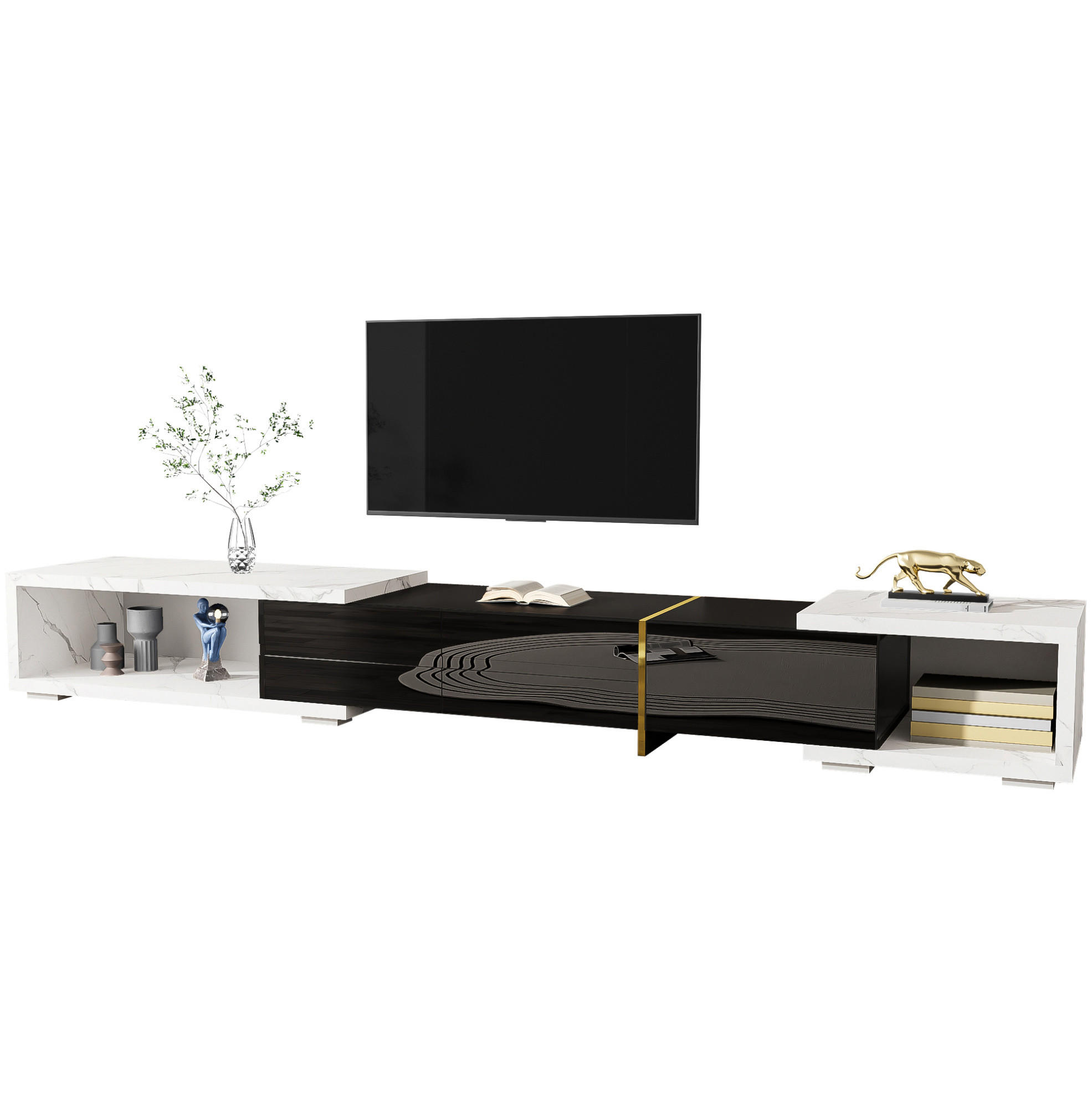 NÍZKÁ komoda z MDF a dřevotřísky, 140-260 cm, černá/bílý mramor, otočný a rozšiřitelný - černá, kompozitní dřevo (260/30/40cm) - BEAOK