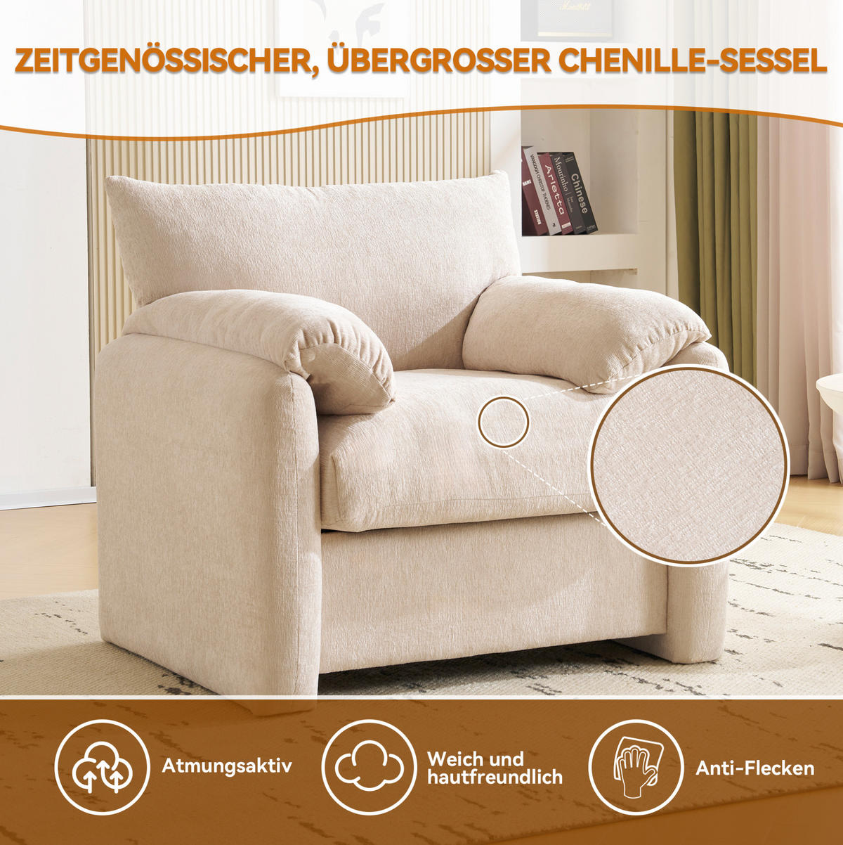 SESSEL 96/82/84 cm beige aus Chenille mit Armlehnenkissen - Beige, Textil (82/84/96cm) - OKWISH