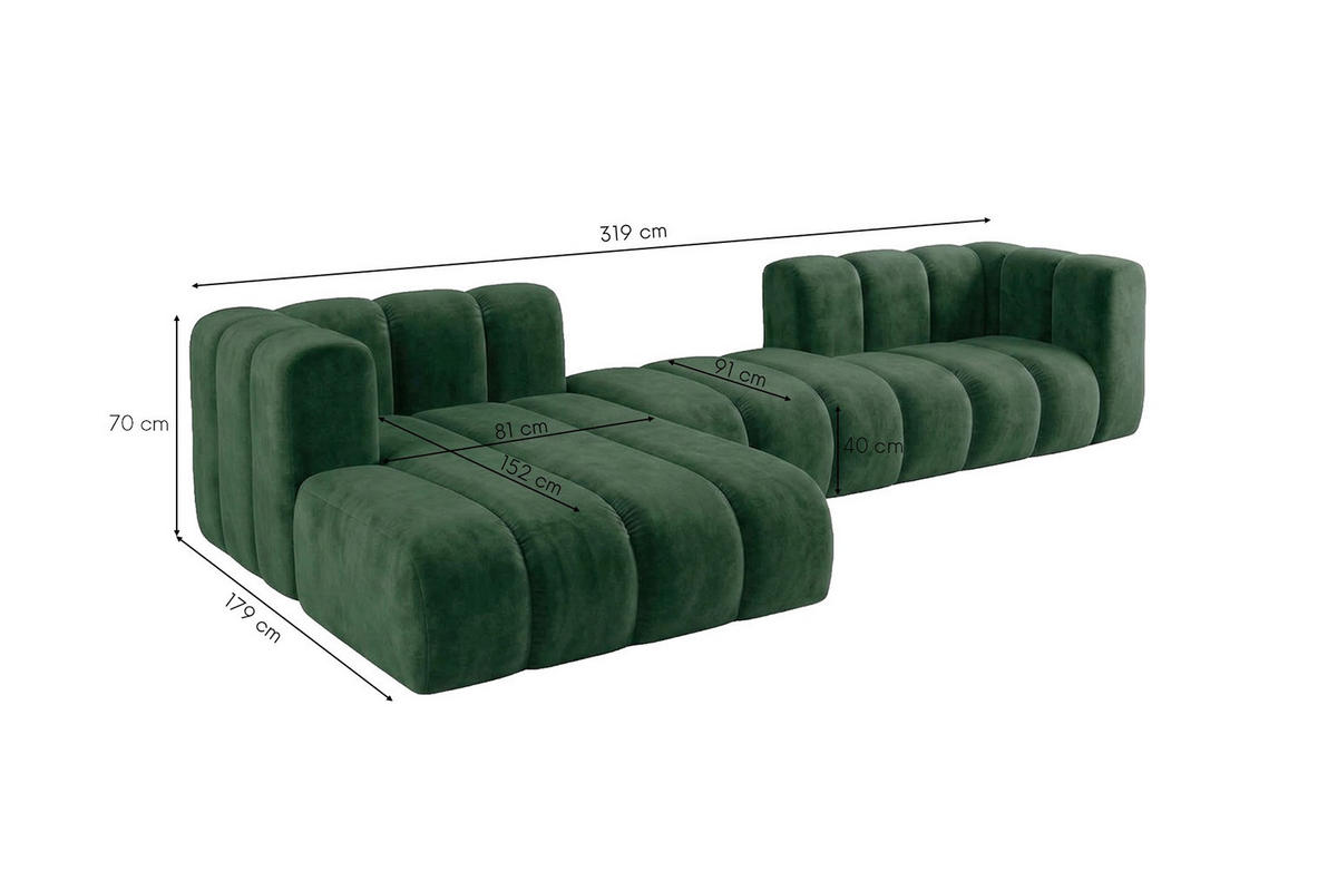 ECKSOFA Modulares In L-Form, Velvet-Stoff Riviera, Grün, Links, GRAND 319 cm - Grün, Holz (319/175cm) - Kaiser Möbel