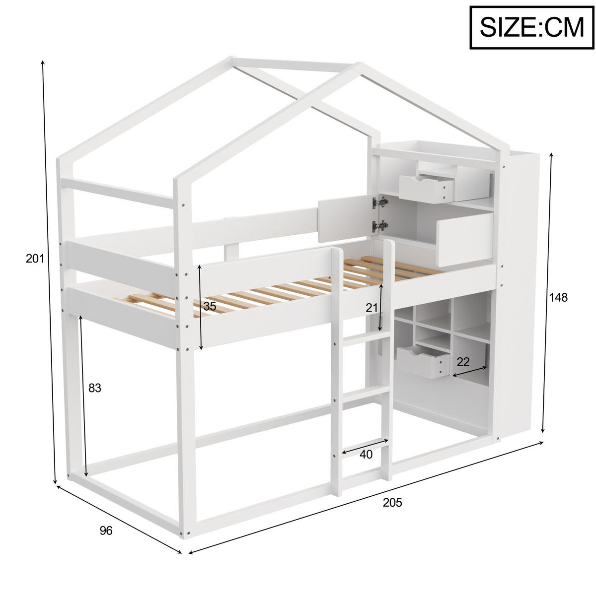 ETAGENBETT aus Kiefernholz 90x200 cm Weiß mit Stauraum, Sicherheitsgeländer und multifunktionalem Unterbett - Weiß, Holzwerkstoff (90/200cm) - Modfu
