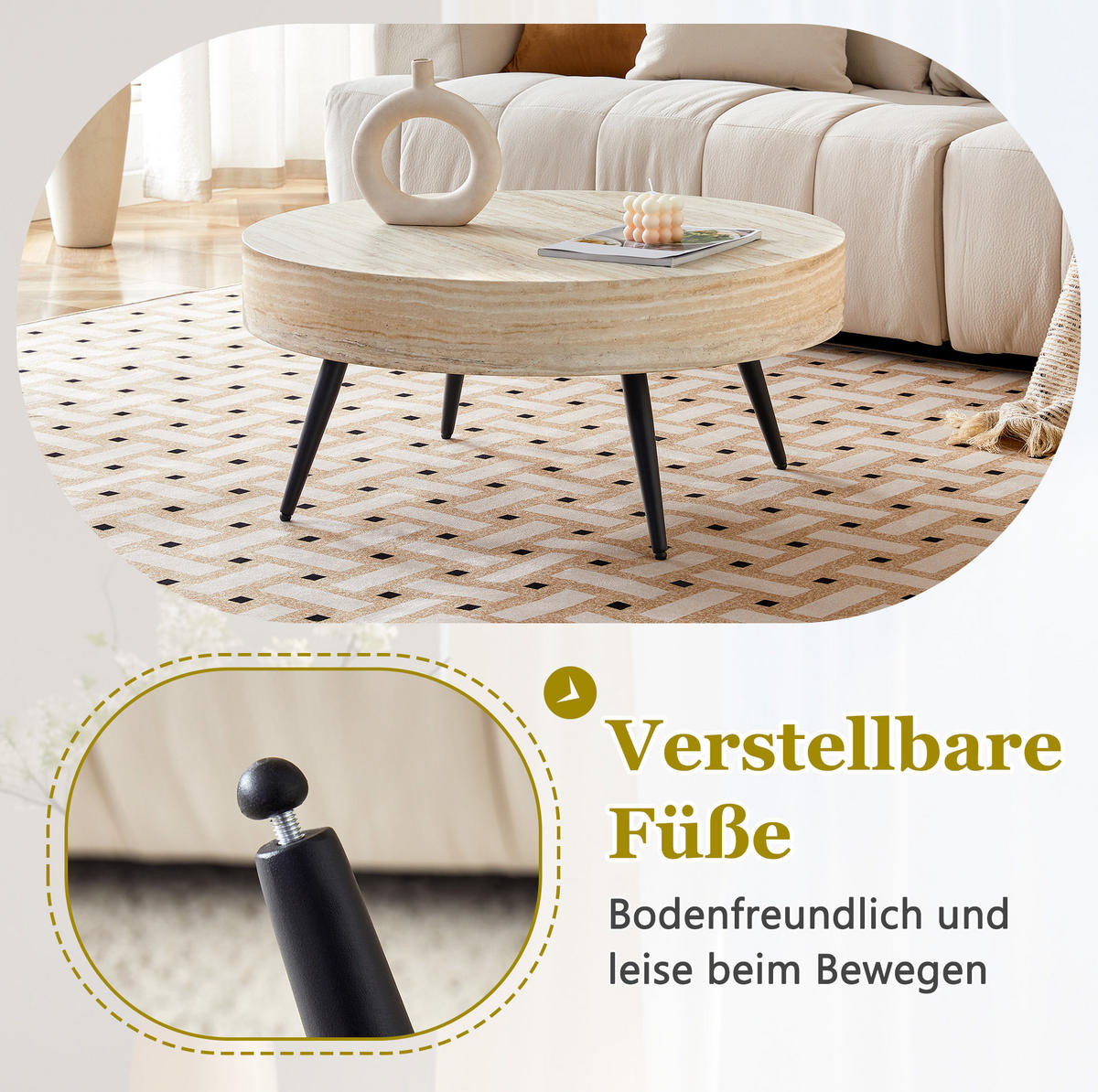 COUCHTISCH 70/35.5 cm in heller Travertin-Optik mit schwarzen Metallbeinen - Schwarz, Holzwerkstoff (70/70/35.5cm) - OKMYHOME