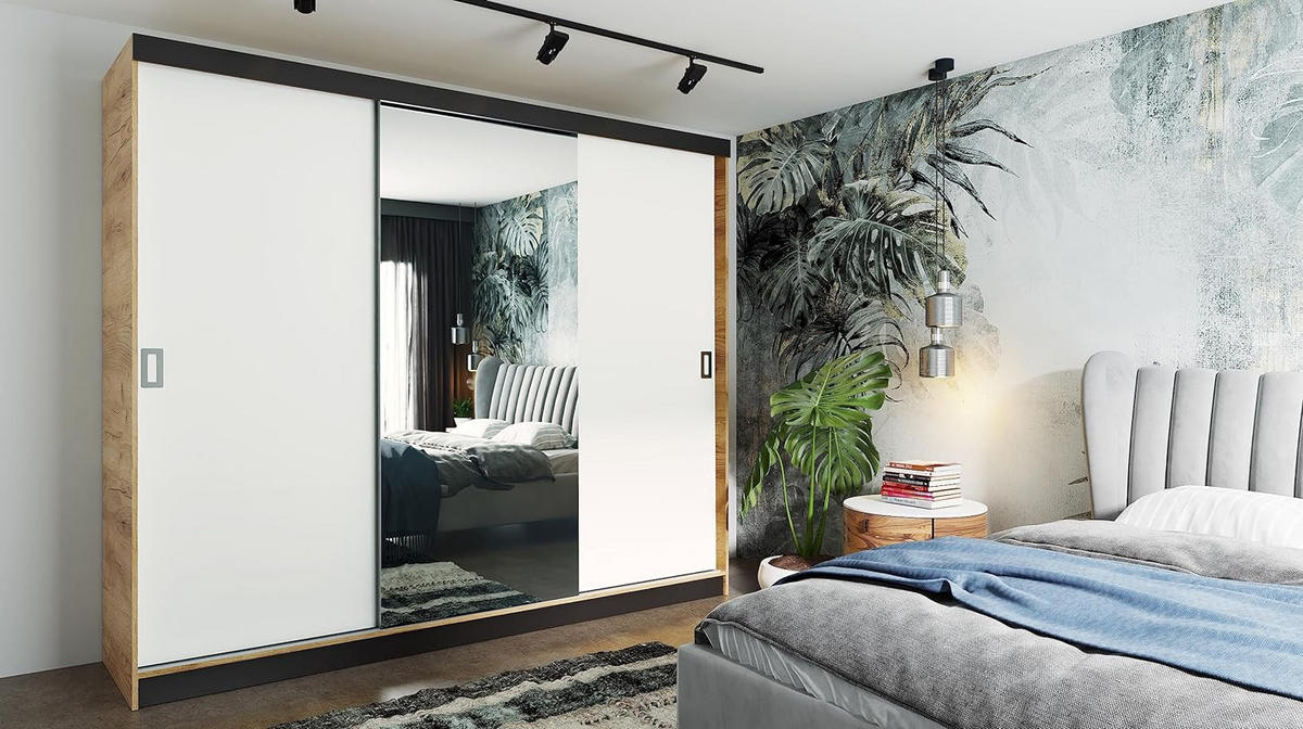 SCHIEBETÜRENSCHRANK RETRO 1 200 - Eiche Craft Golden + Weiß 200x205x59cm - Honigeiche/Weiß, Holzwerkstoff (200/205/59cm) - Kier Furniture