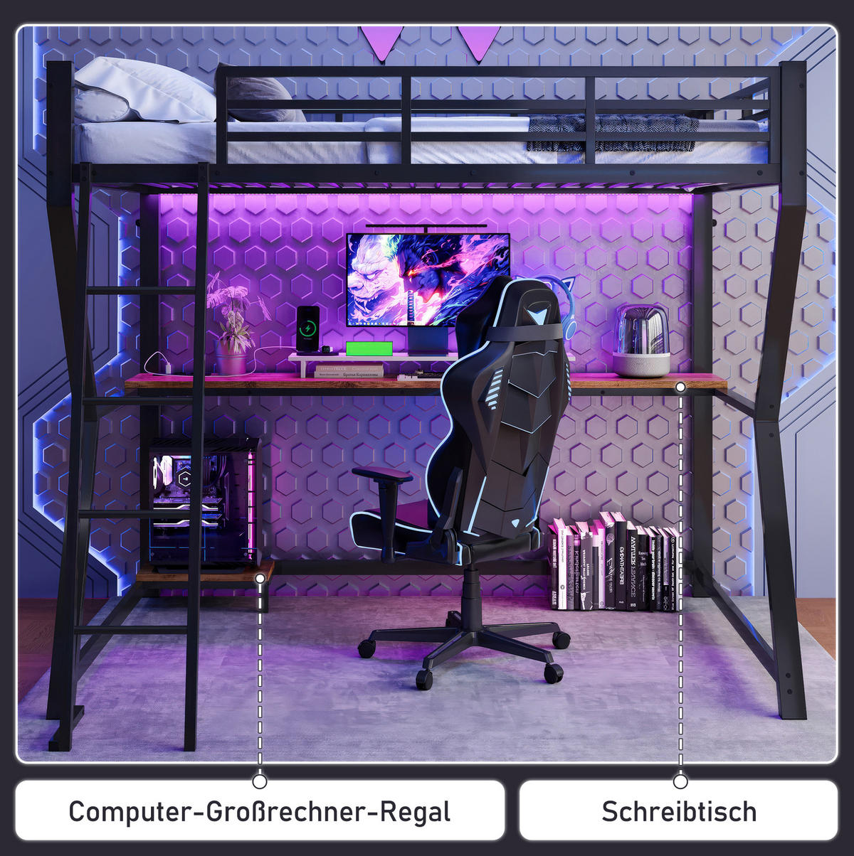 HOCHBETT 90/200 cm mit LED-Beleuchtung, Schreibtisch und USB-Anschluss - Schwarz, Metall (90/200cm) - Flora Grace