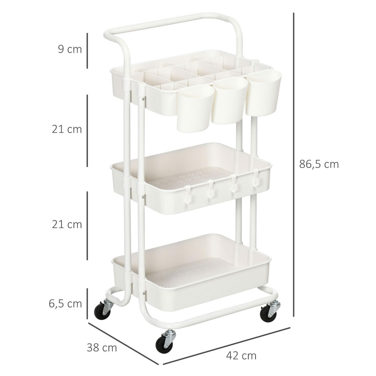 SERVIERWAGEN, Rollwagen, Stahl, Weiß - Weiß, Metall (38/86.5/42cm) - HOMCOM