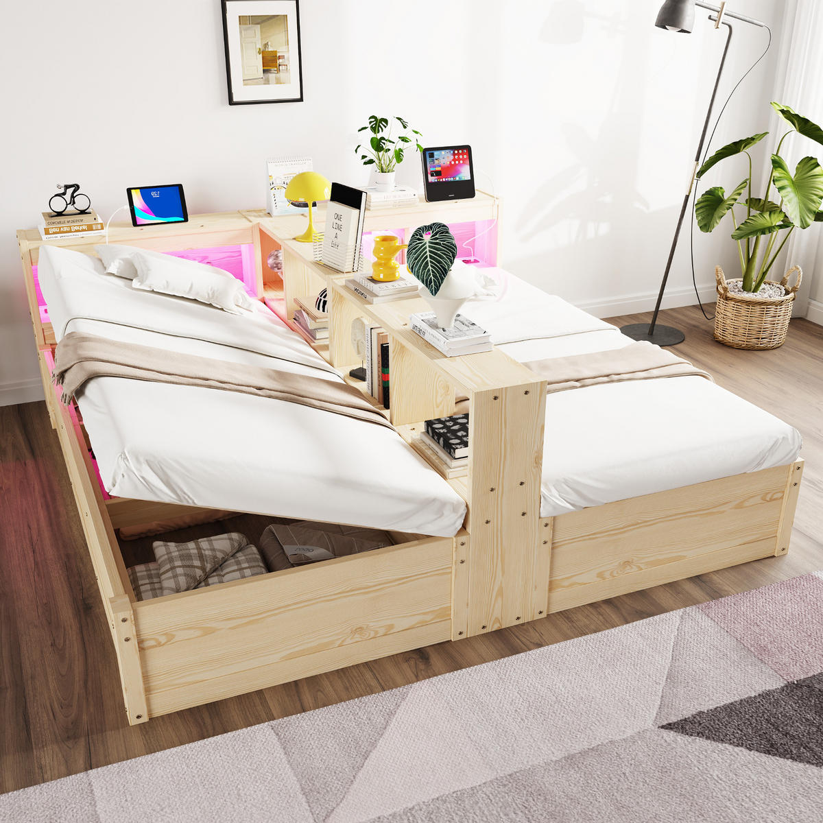 SCHLAFSOFA 90x200cm LED Stauraum Steckdose Holzbett Holz - Naturfarben, Holzwerkstoff (180/200cm) - FLIEKS