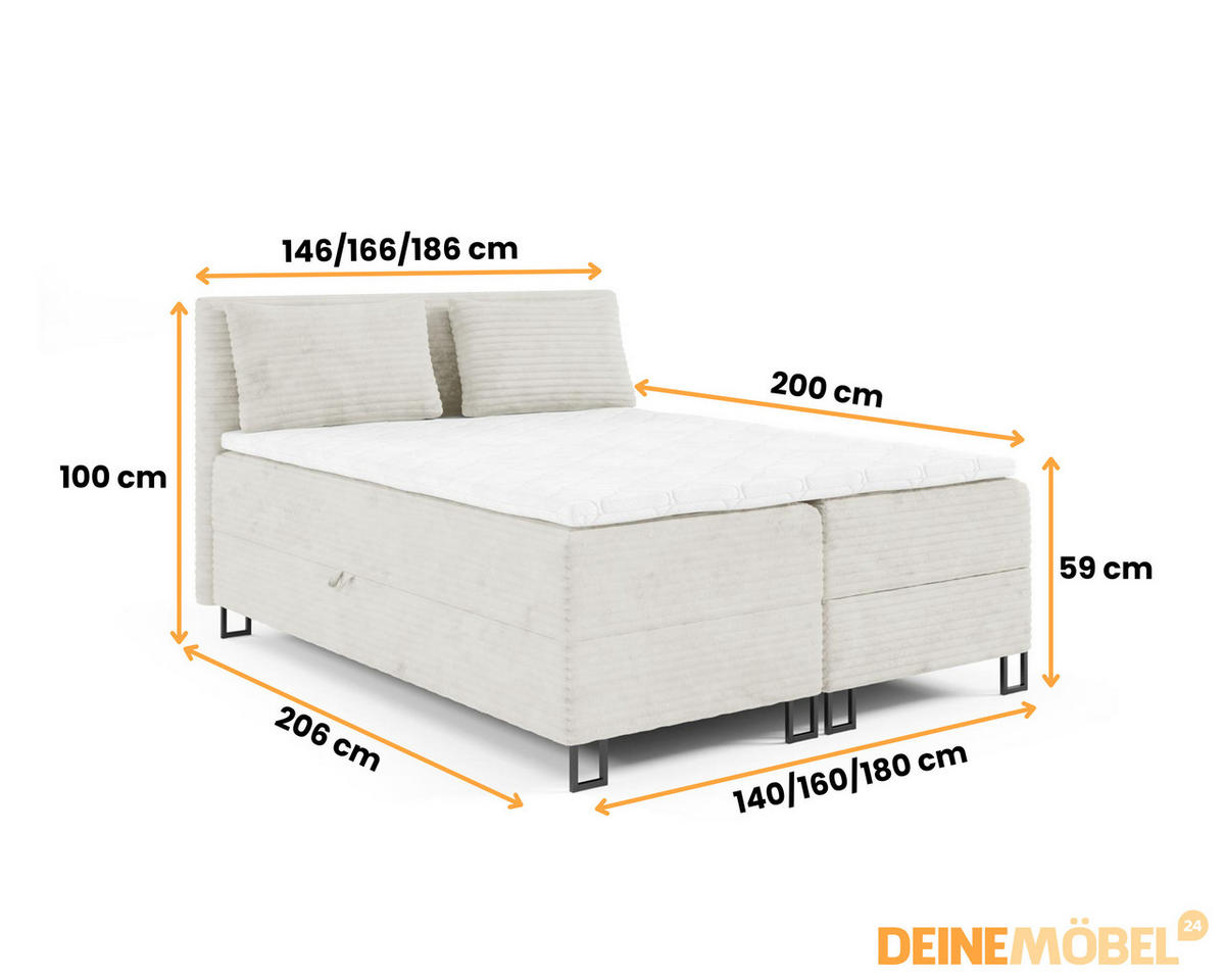 BOXBETT TEXAS 180/200 in Cord Schwarz mit Bonell-Federkernmatratzen H3 - Schwarz, Holz/Holzwerkstoff (180/200cm) - Deine Möbel 24