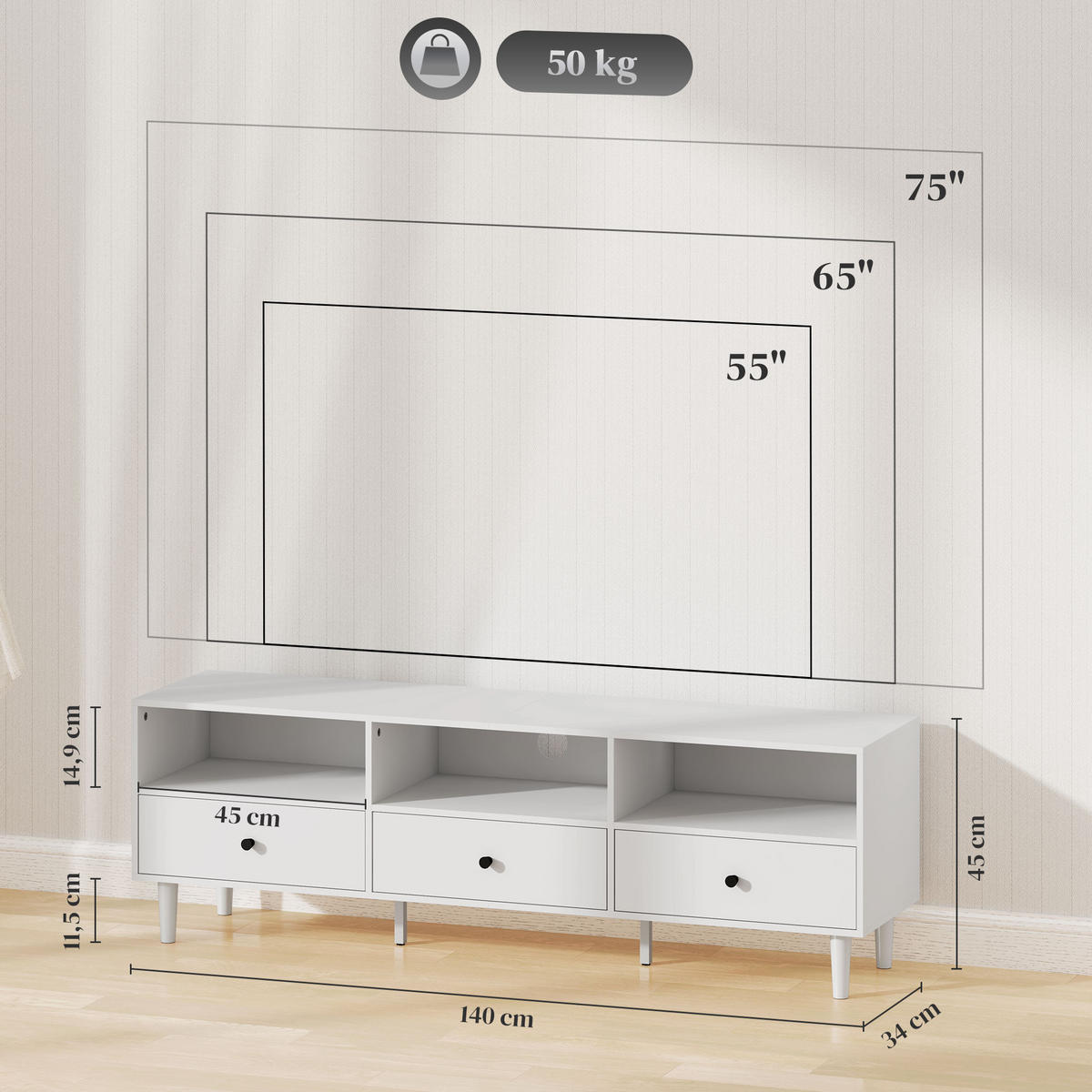 TV Schrank TV Board mit Schubladen, Weiß 140x34x45cm - Weiß, Holzwerkstoff (140/45/34cm) - HOMCOM