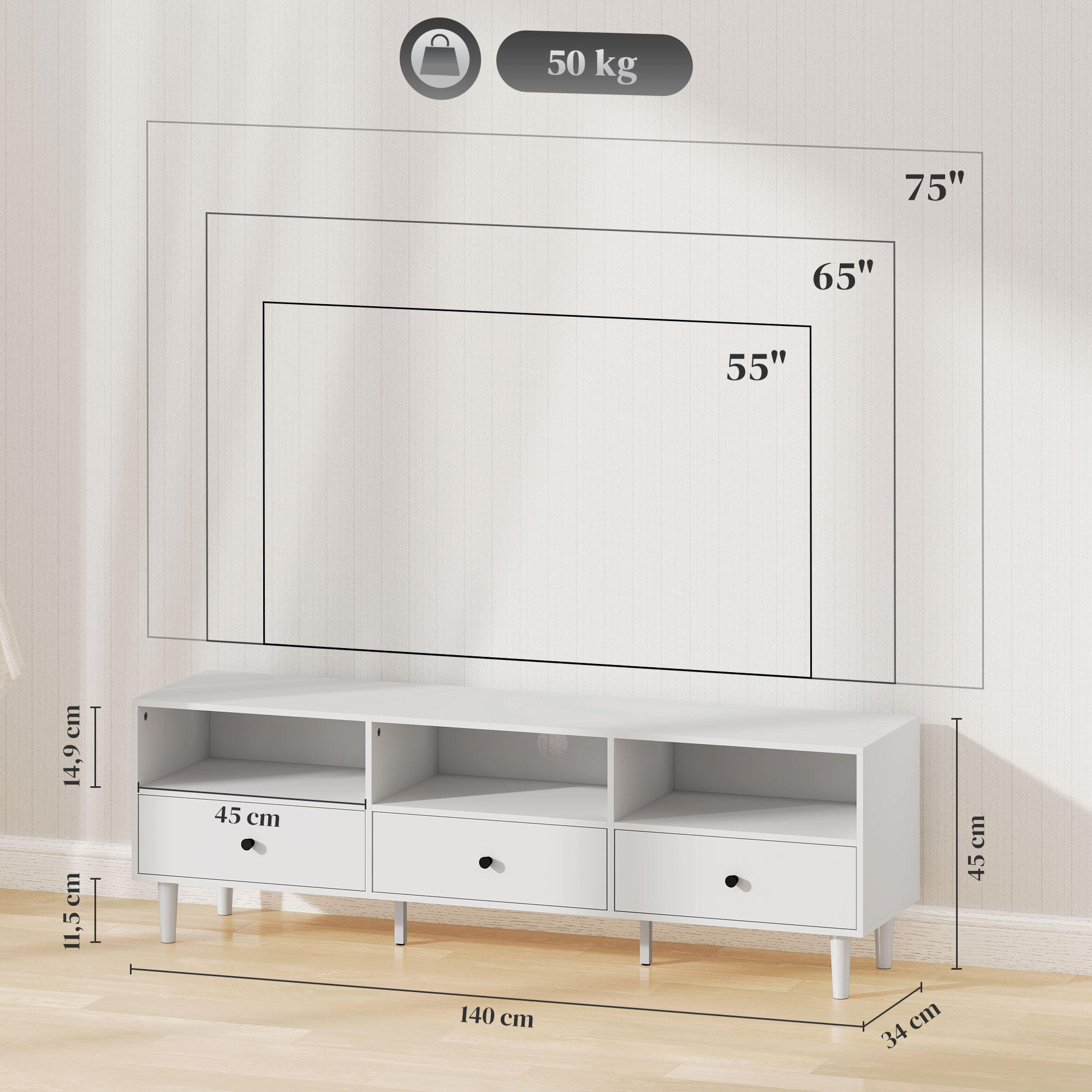 Thumbnail - Homcom TV, Weiß, Holzwerkstoff, 140x45x34 cm, Wohnzimmer, Wohnwände, Lowboards, Lowboards stehend