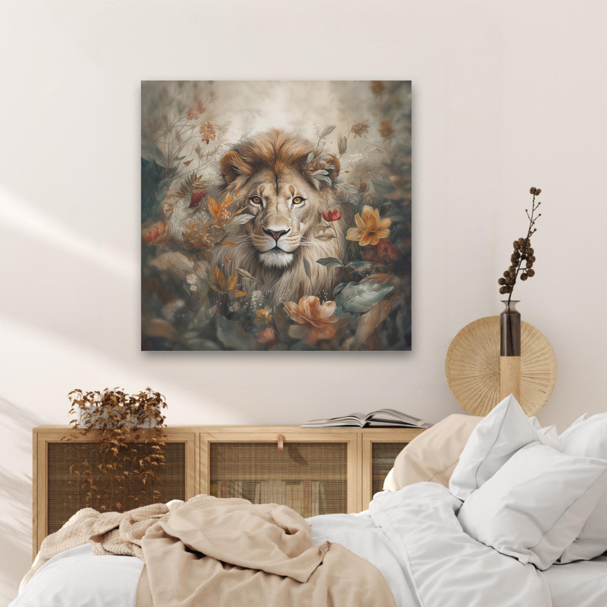 AKUSTIKBILD Löwe - Wildtiere - Pflanzen - Natur - Blumen Akustikpaneele 80x80 cm - Beige, Kunststoff (80/80/0.9cm) - MuchoWow