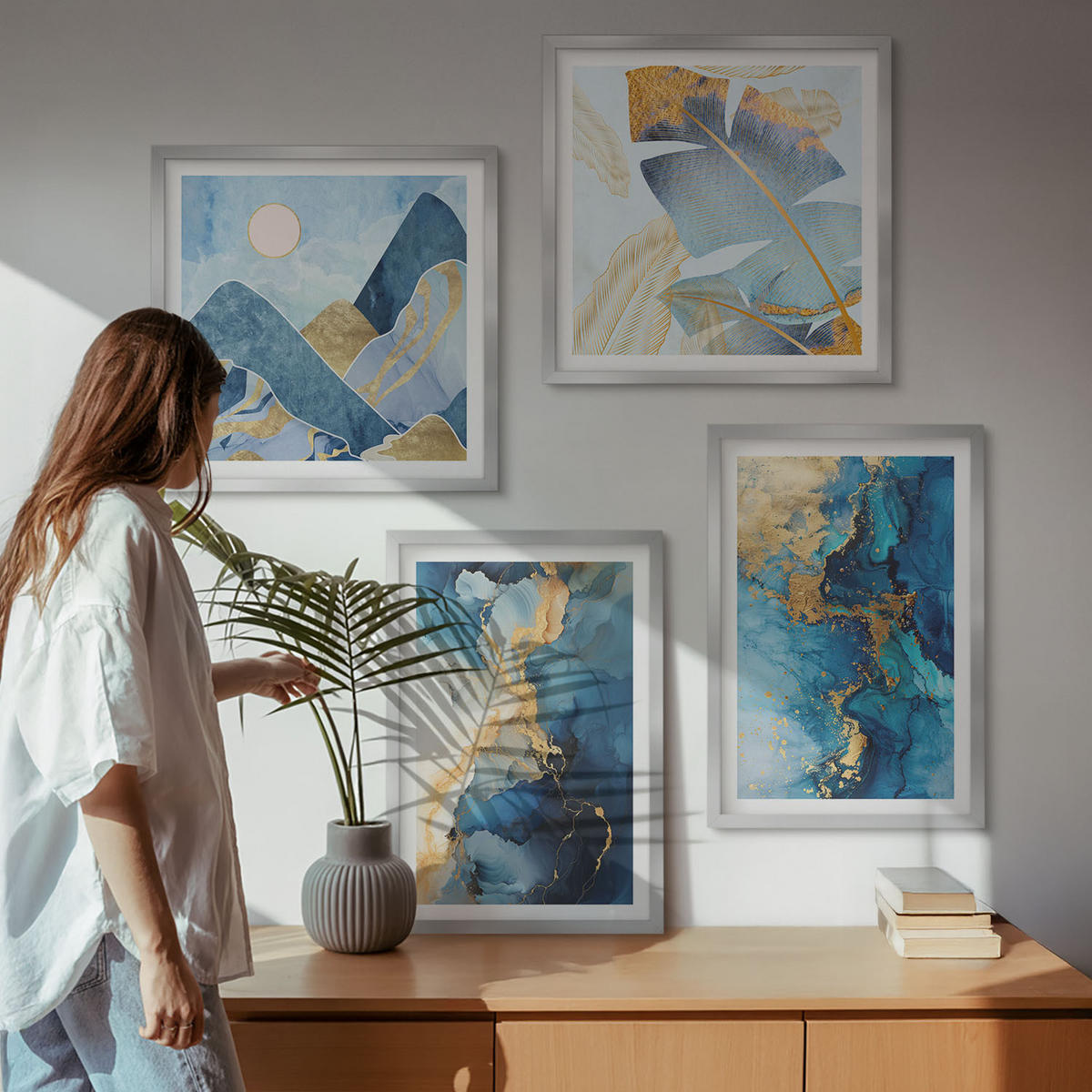 WANDBILDER 4er Set - 50x50 cm & 40x60 cm Silberner Rahmen - Goldmuster in den blauen Bergen - Silberfarben, Kunststoff (50/50cm) - ArtPrintCave