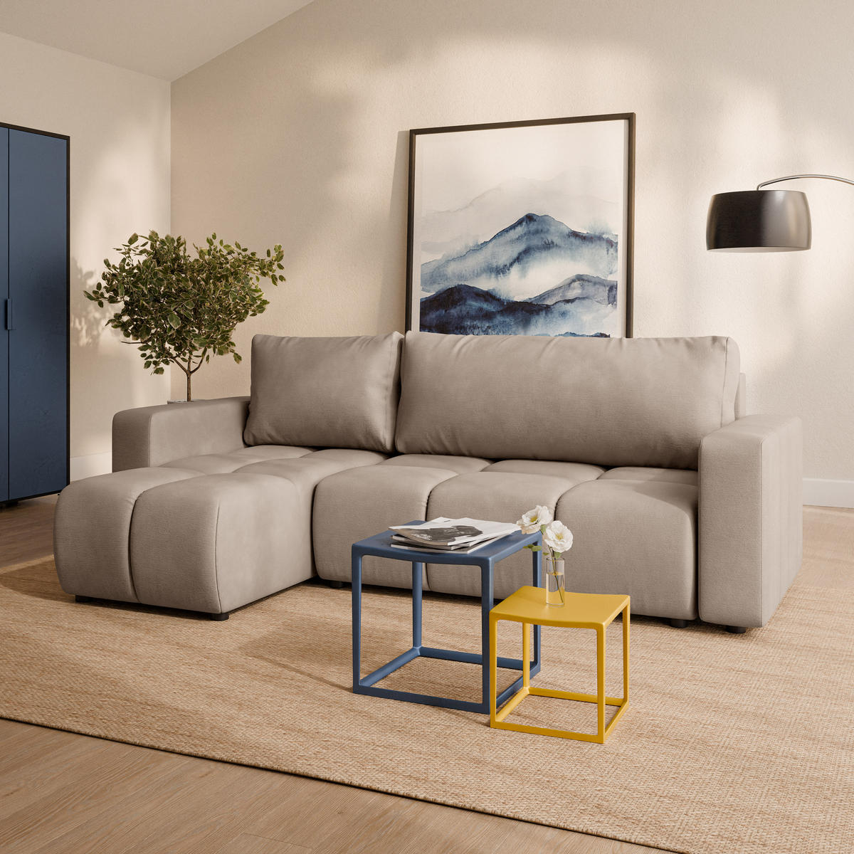 ECKSOFA RAMIL Beige Plüsch-Stoff mit Schlaffunktion - Beige, Holz (240/149cm) - MASSENO