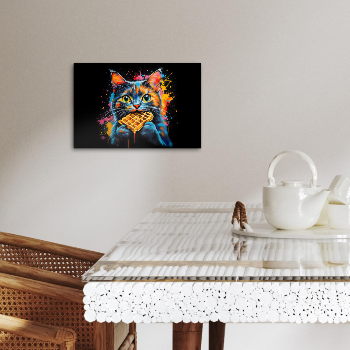 LEINWANDBILD Katze - Graffiti - Bunt - Waffel - Essen 30x20 cm - Türkis, Textil (30/20cm) - MuchoWow