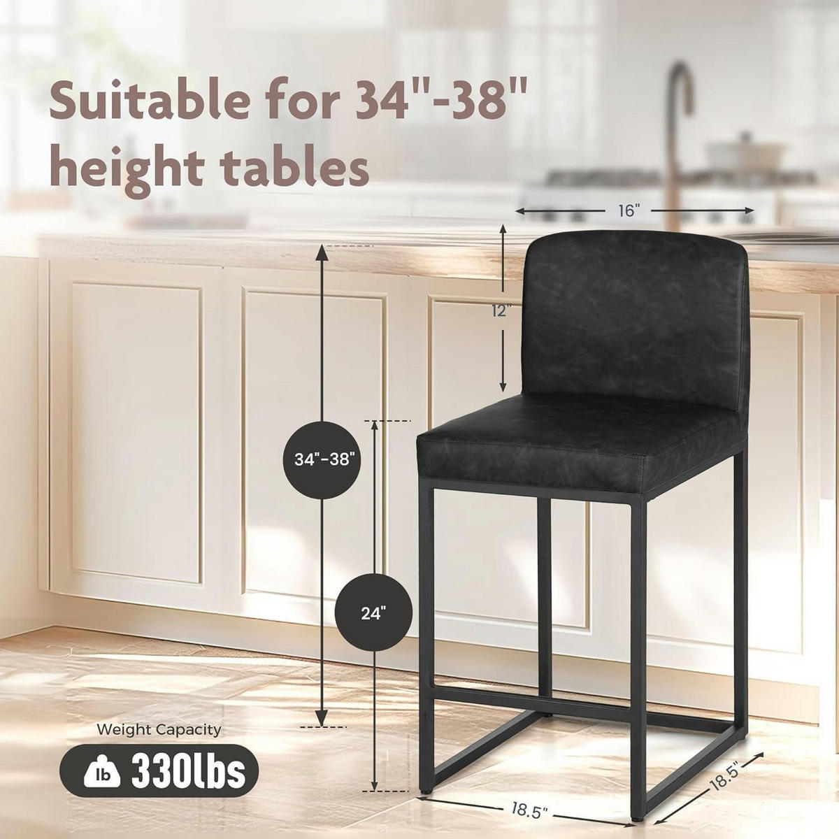 BARHOCKER 2er Set mit Lehne PU-Leder Schwarz - Schwarz, Metall (52.5/87/41cm)