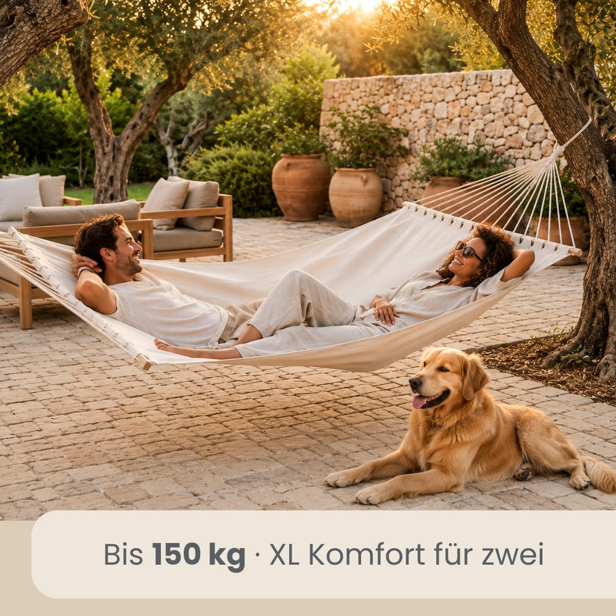 XXL-HÄNGEMATTE für 2 Personen bis 150kg, 200/120 cm, Beige - Beige, Textil (120/2.5/200cm) - Amanka