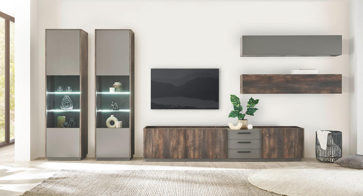 SCHRANK-SET 3-teilig Thermo Eiche, grau, Wohnkombination mit 3 x Vitrine - Eichefarben/Grau, Glas/Holzwerkstoff (205/130/40cm) - Furn.Design
