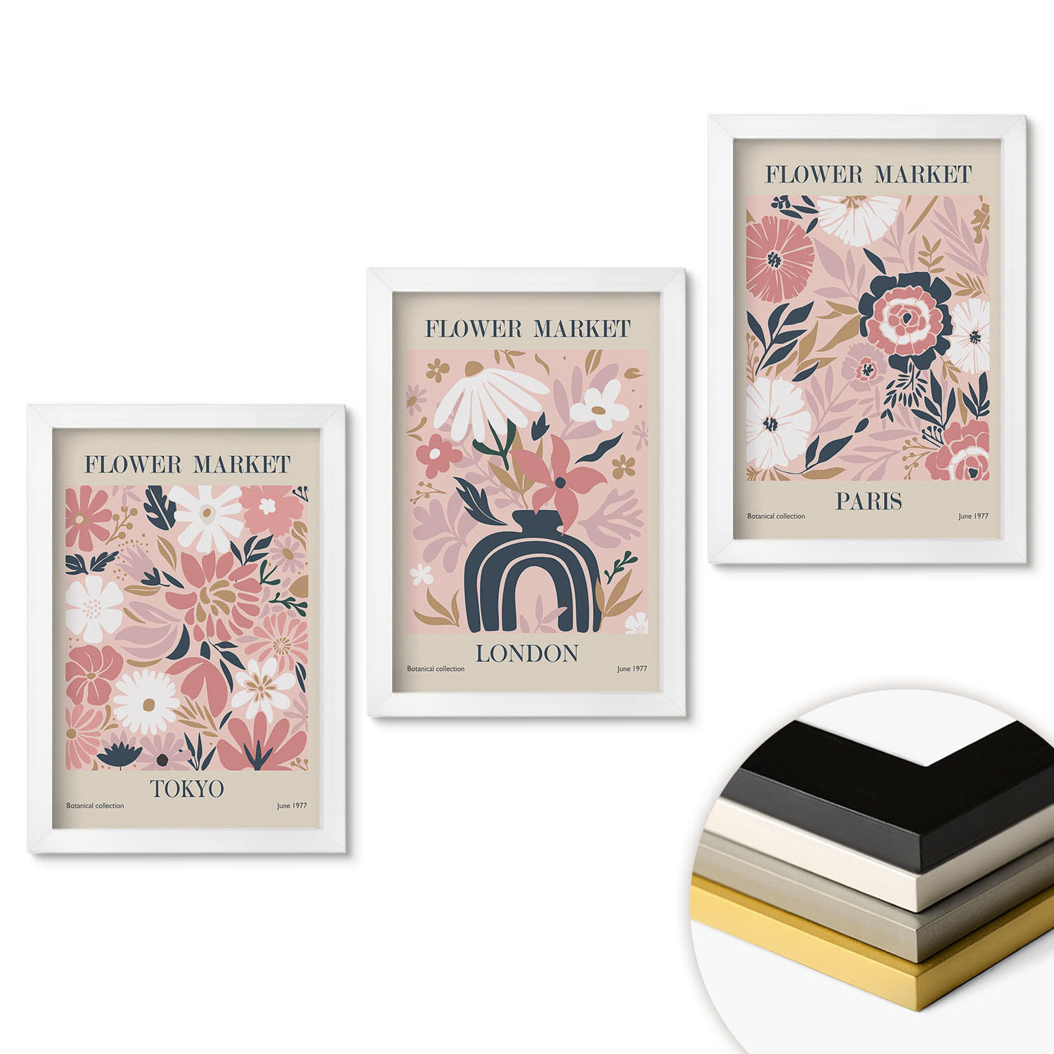 WANDBILDER 3er-Set - 20x30 cm Weißer Rahmen - Blumenmotive Tokio London Paris - Weiß, Kunststoff (20/30cm) - ArtPrintCave
