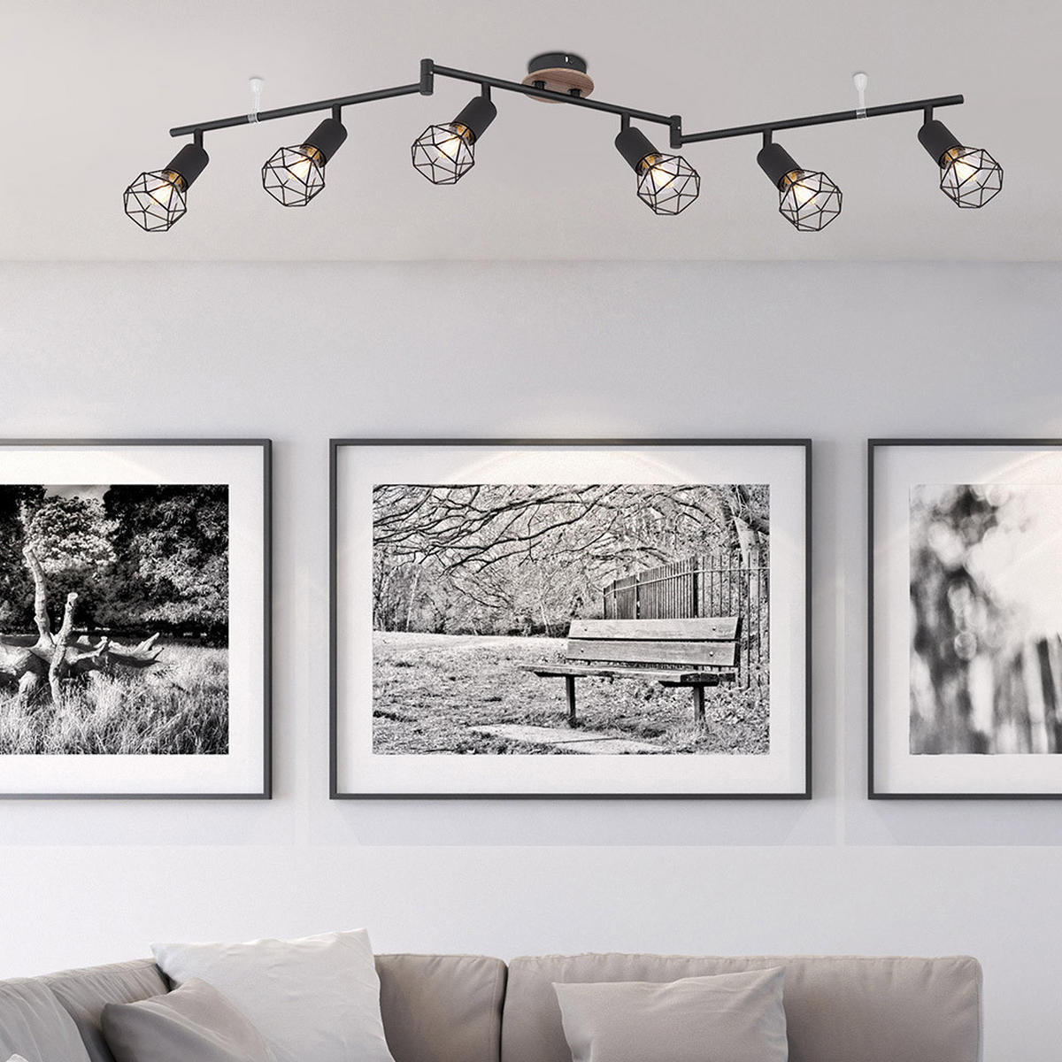 DECKENLEUCHTE Retro Schwarz Drahtgeflecht 6 flammig - Schwarz, Holz (116/10/24.5cm) - Globo Lighting