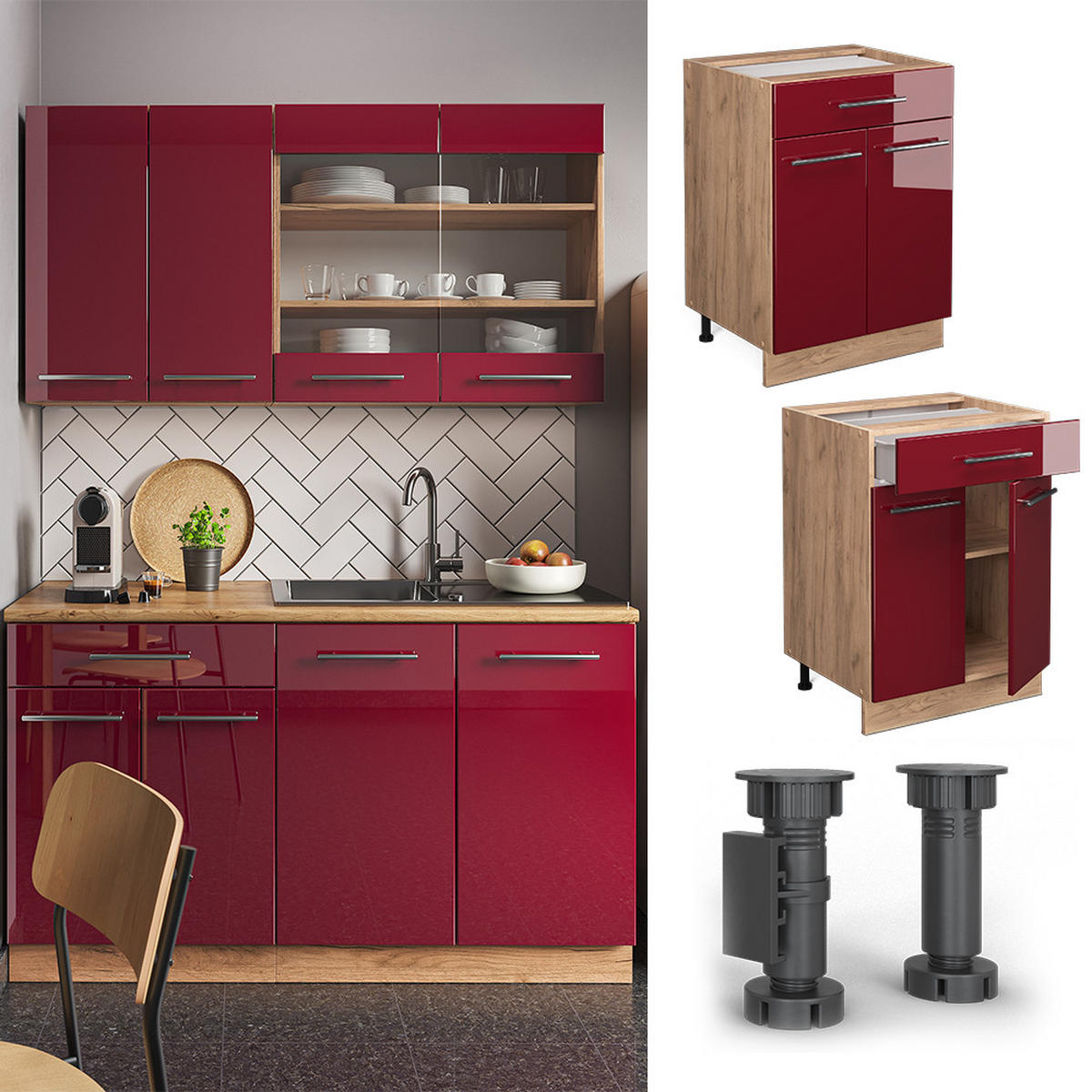 KÜCHENUNTERSCHRANK Fame-Line Bordeaux Hochglanz 60 cm mit Schublade AP Eiche - Bordeaux/Eiche Wotan, Holzwerkstoff (60/82/60cm) - Vicco