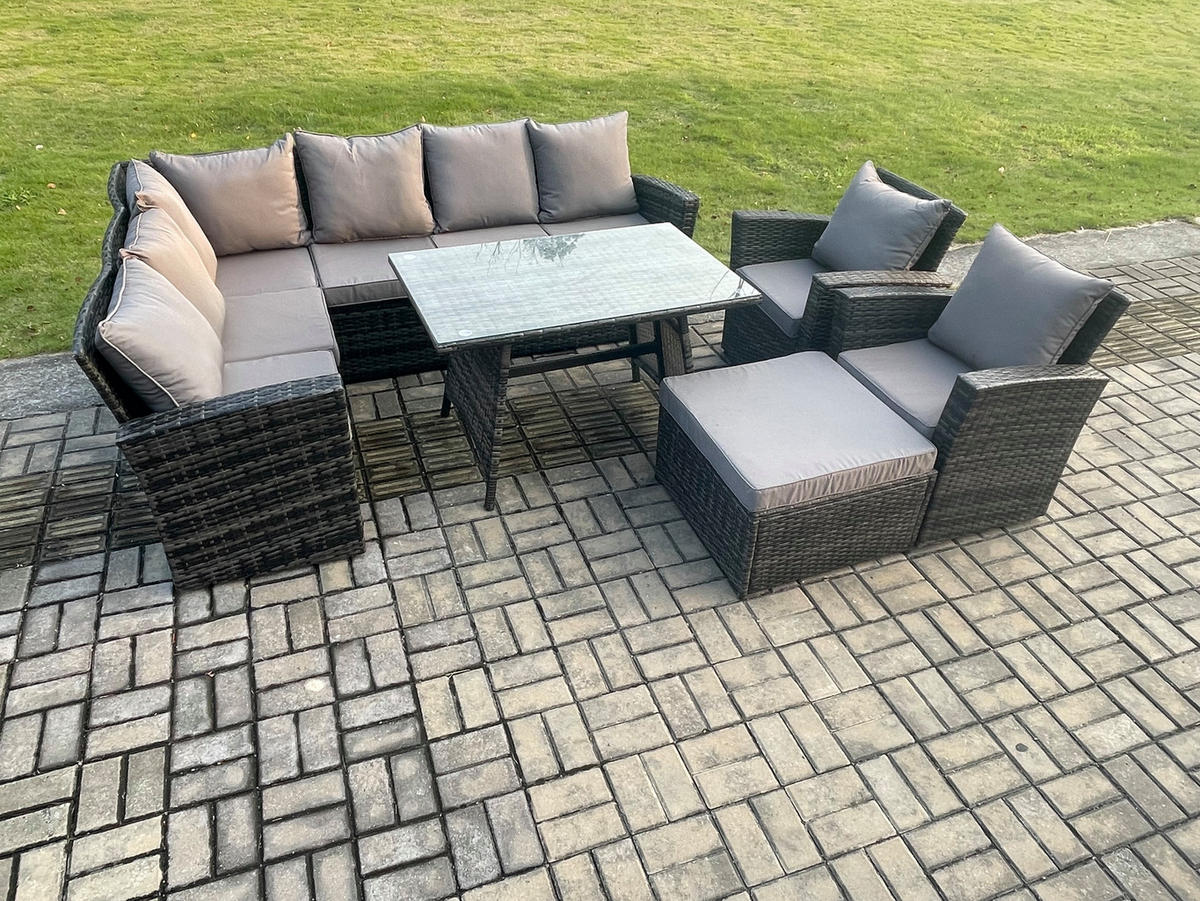 BALKONMÖBEL-SETS mit Ecksofa,Länglicher Esstisch,2 große Fußhocker,Stuhl Polyrattan Dunkelgrau 9-Sitzer - Dunkelgrau/Grau, Glas/Kunststoff - Fimous
