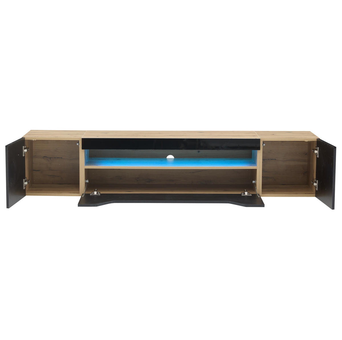 LOWBOARD 180/37/36 cm in Schwarz/Natur mit LED-Beleuchtung und Hochglanzfront - Schwarz, Holzwerkstoff (180/36/37cm) - Flora Grace