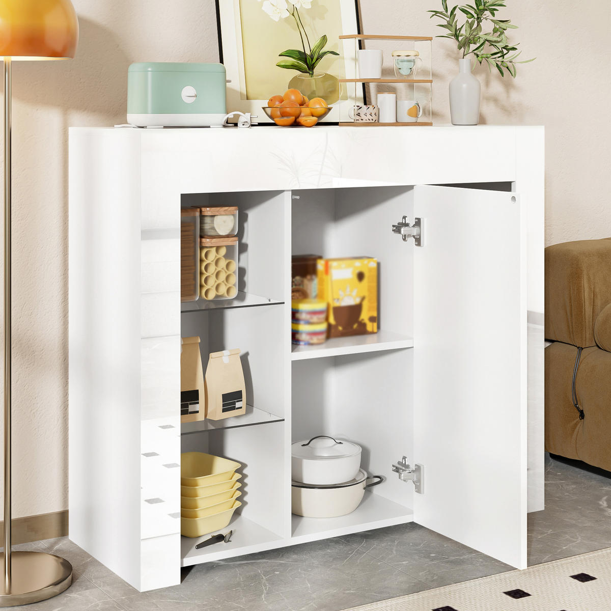 BUFFET 95x35x83 cm weiß Glasregale - Weiß, Holzwerkstoff (95/83/35cm) - LEBENLANG